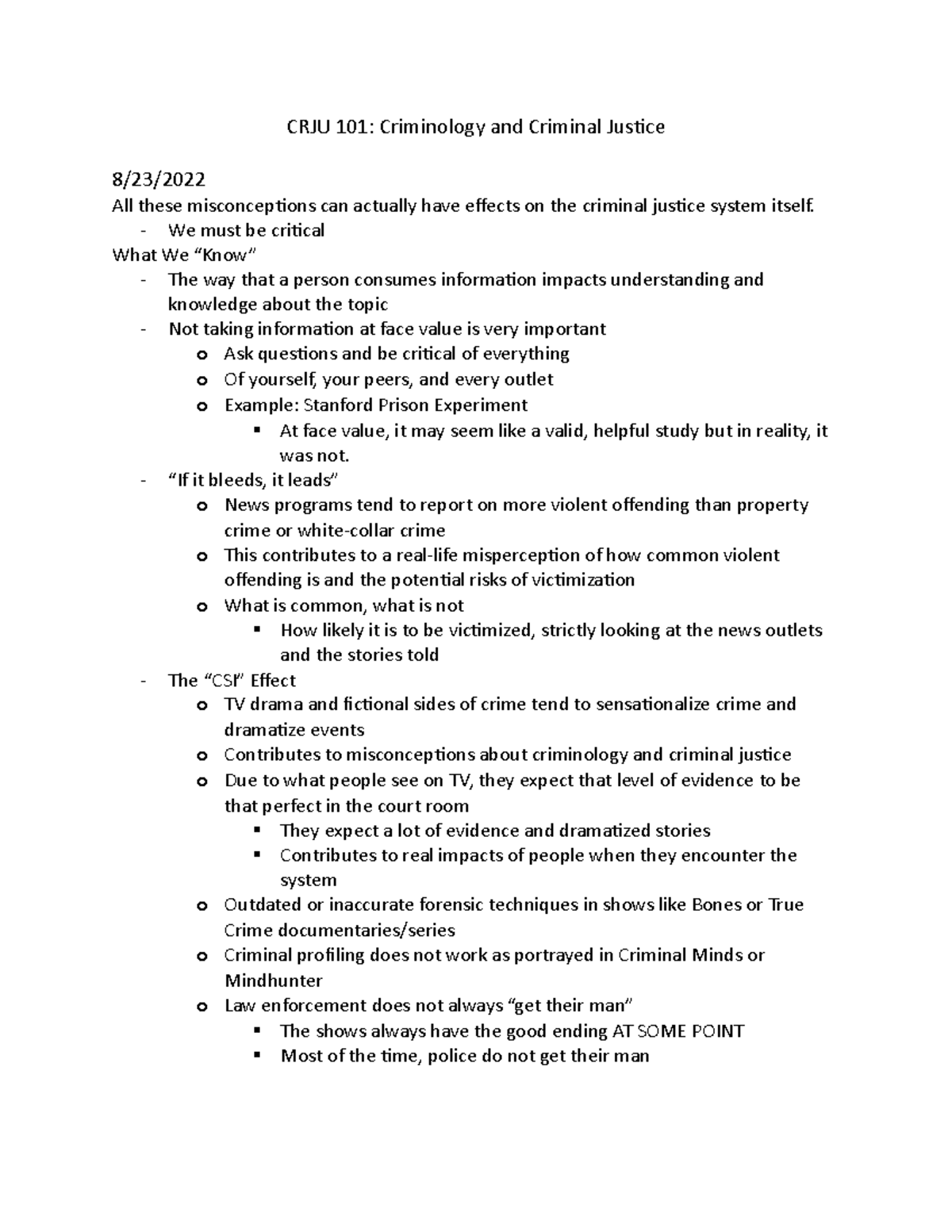 CRJU 101 Unit 1 - Lecture Notes on Criminology and Criminal Justice ...