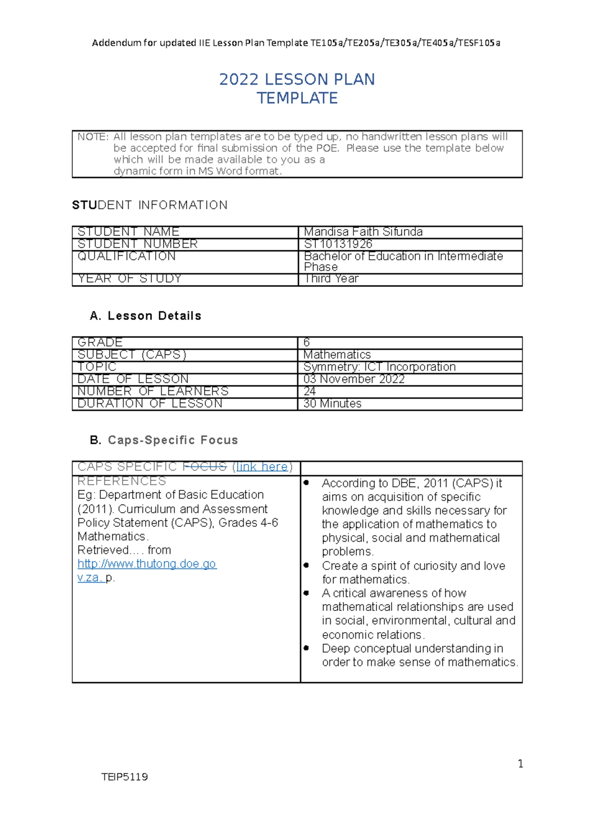 TEXP7319 TE305a Lesson Plan Template for Educators 2022 - Studocu