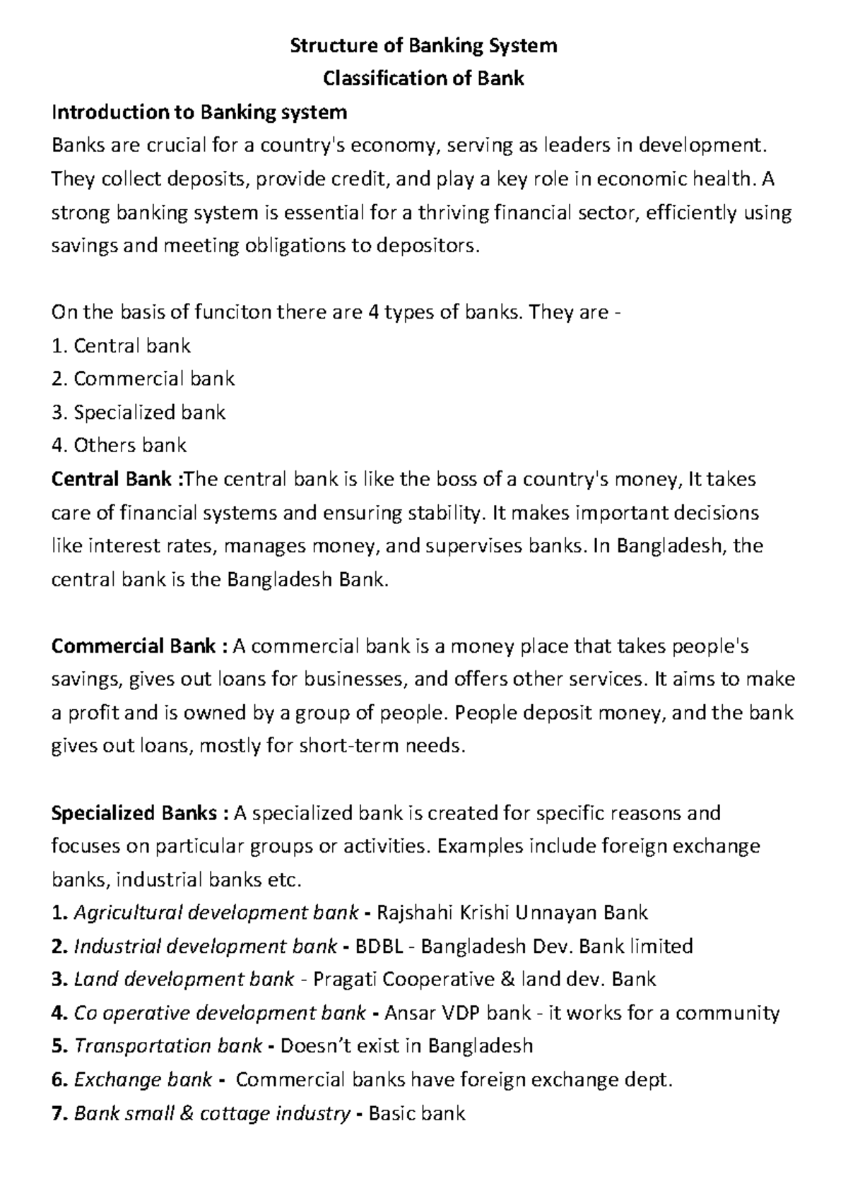 Final Exam Notes on Banking System Structure (Course Code: FIN-101 ...