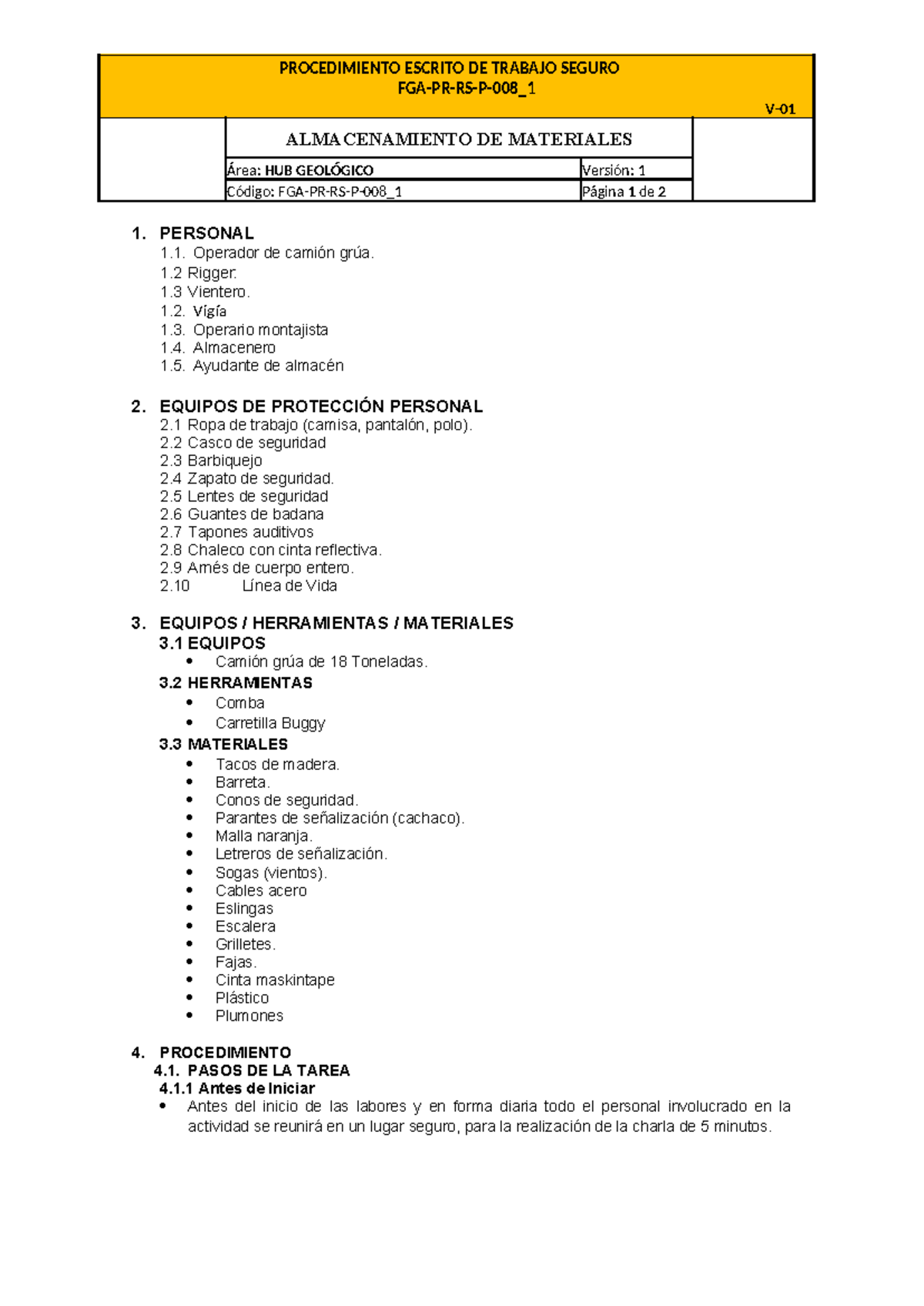 FGA-PR-RS-P-008: Procedimiento Seguro para Almacenamiento de Materiales ...