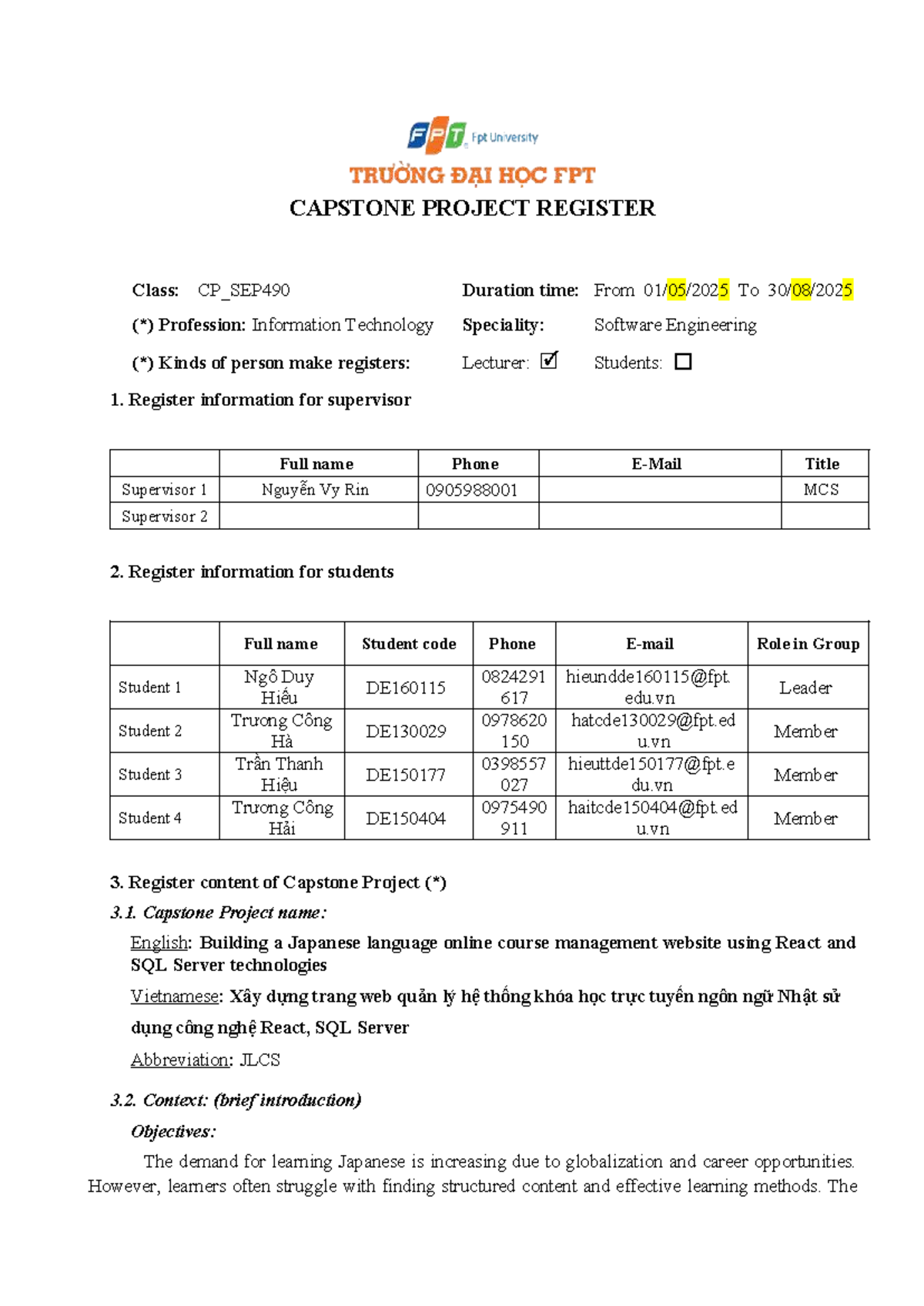 Capstone Project Registration for CP_SEP490: Online Japanese Course ...