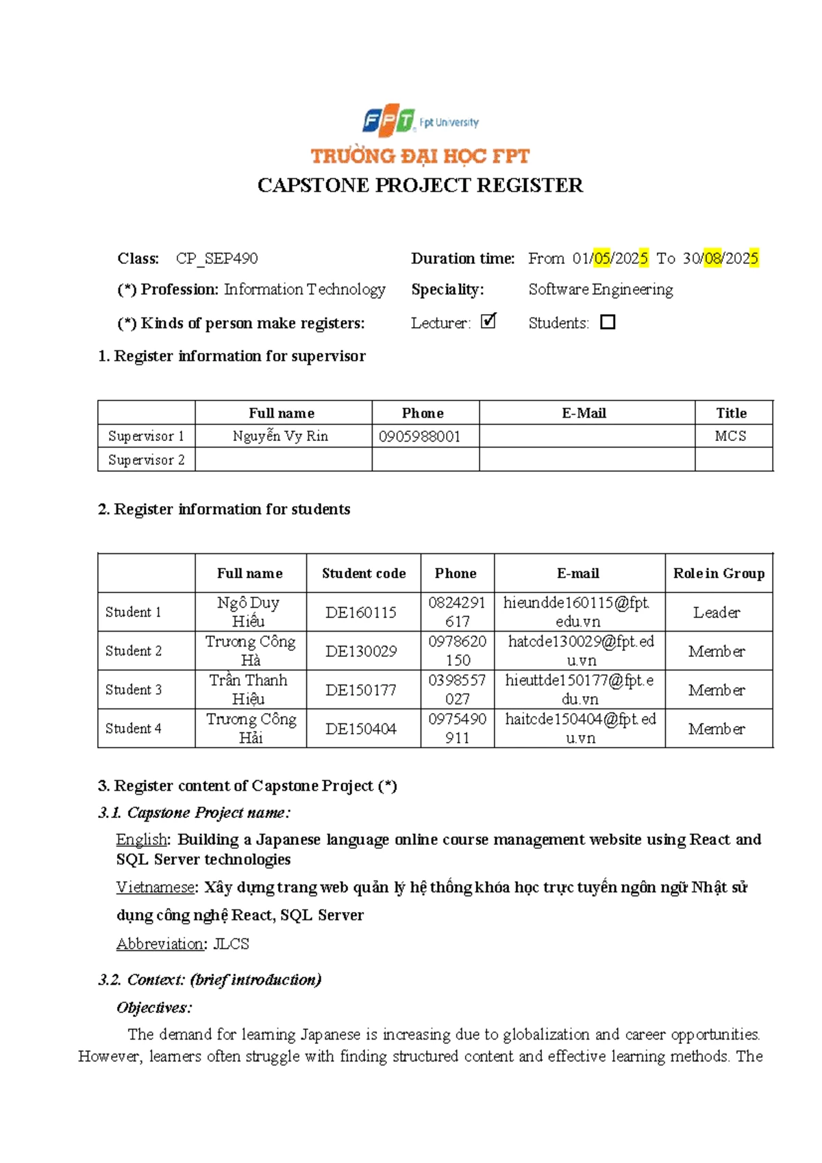 FUEM SE_08 Capstone Project Report 1: Exam Management System Overview ...