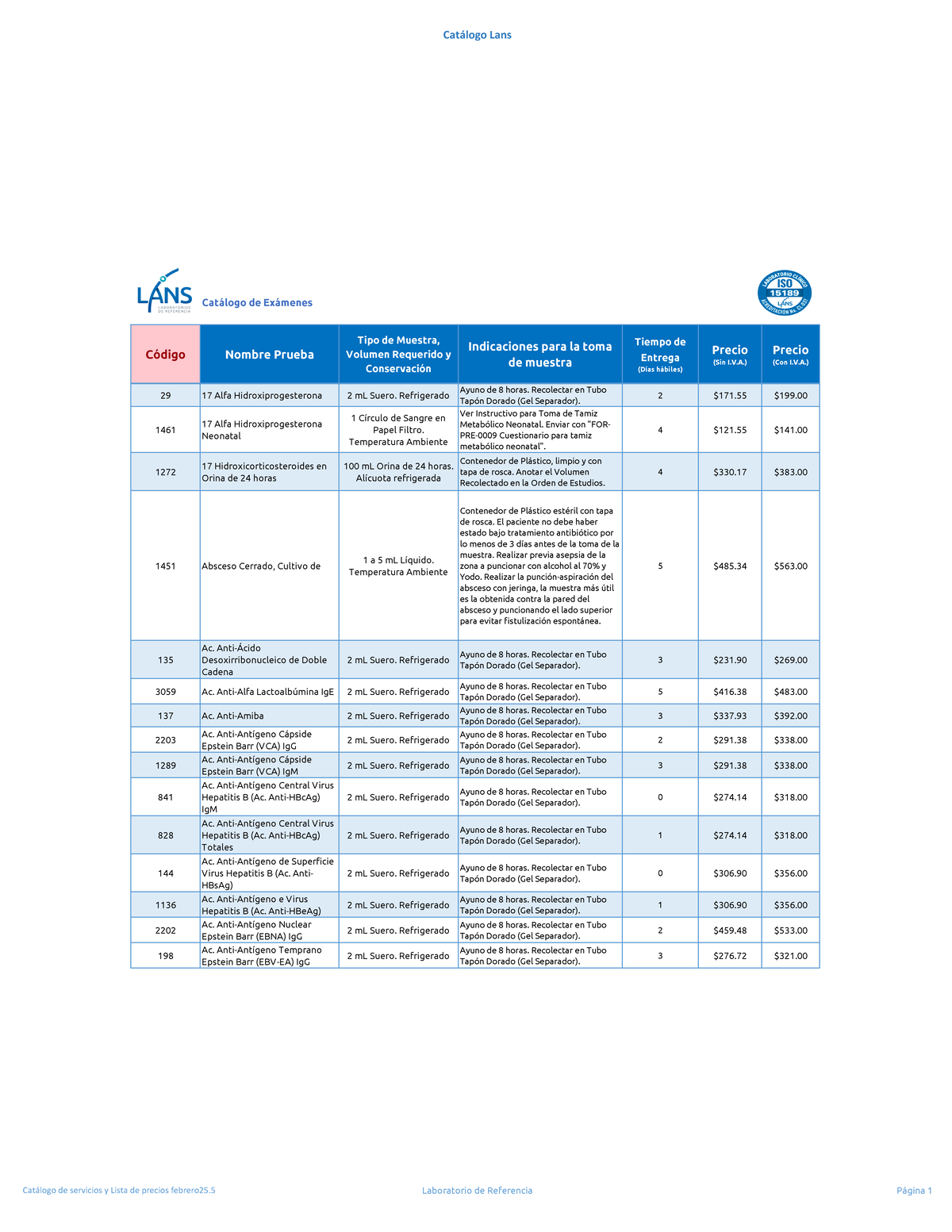Catálogo de Exámenes Clínicos LANS - Febrero 2022 - Document Preview