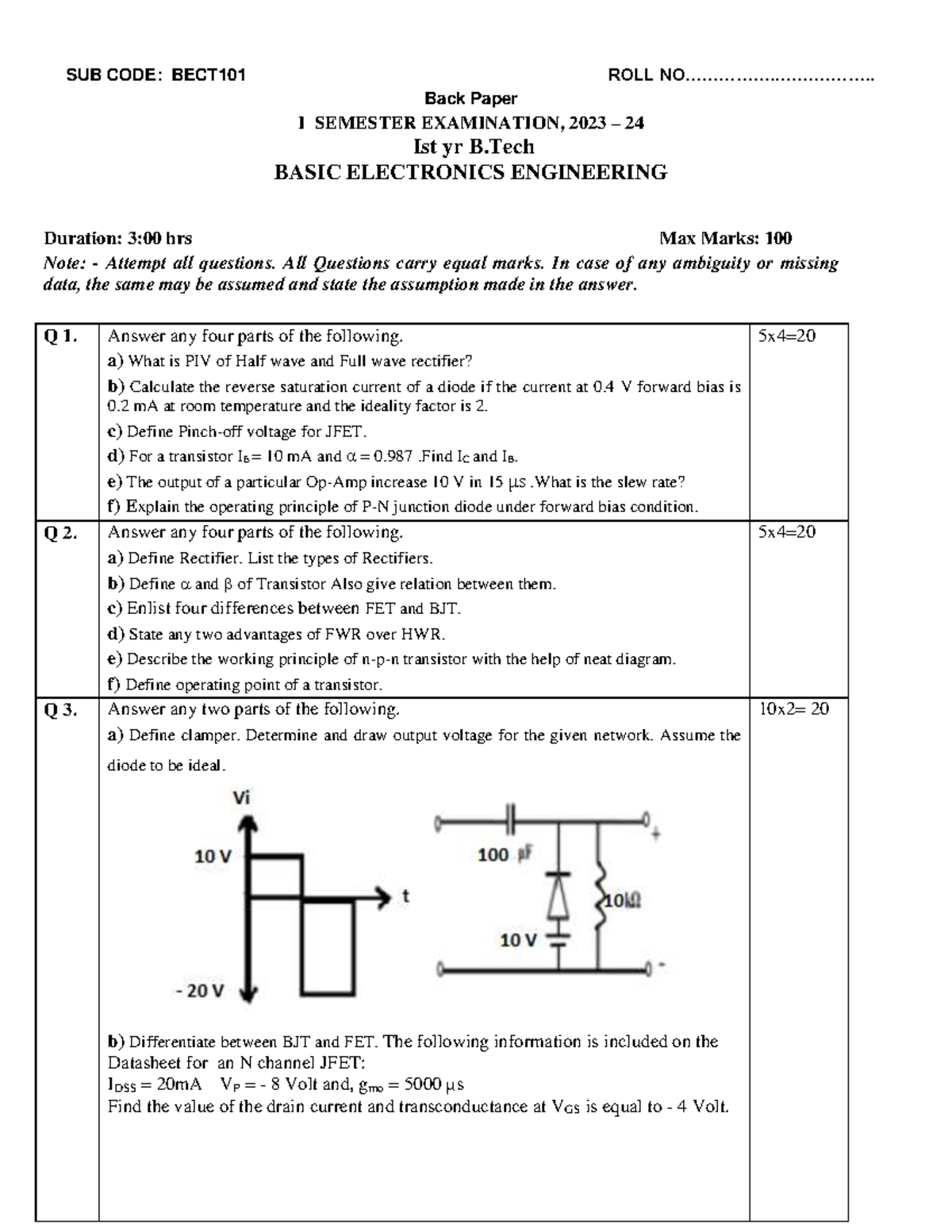 BECT101 Basic Electronics Engineering Back Paper I Exam PYQs 2023-24 ...