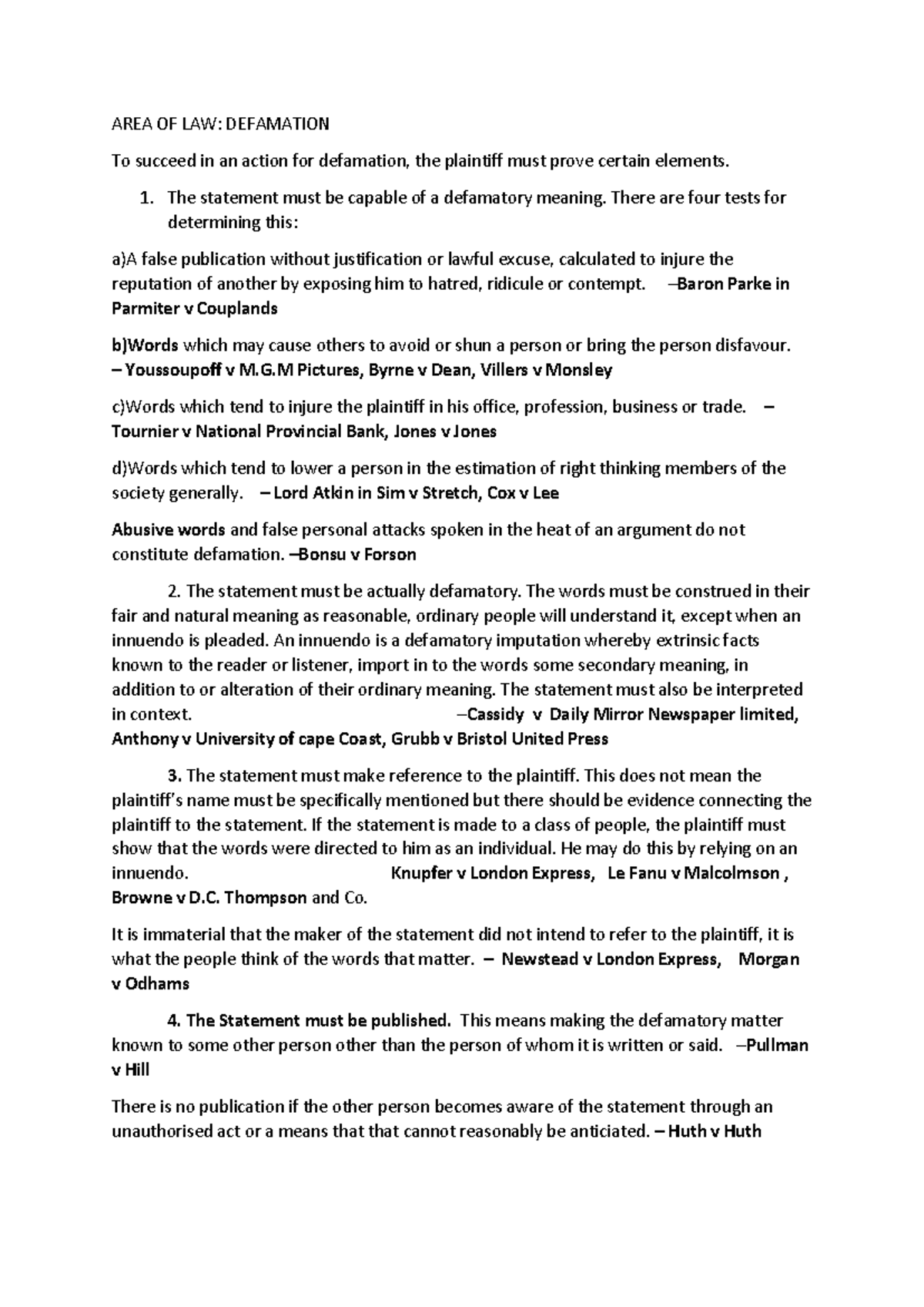 Defamation Law Overview: Key Elements and Slander Types - Studocu