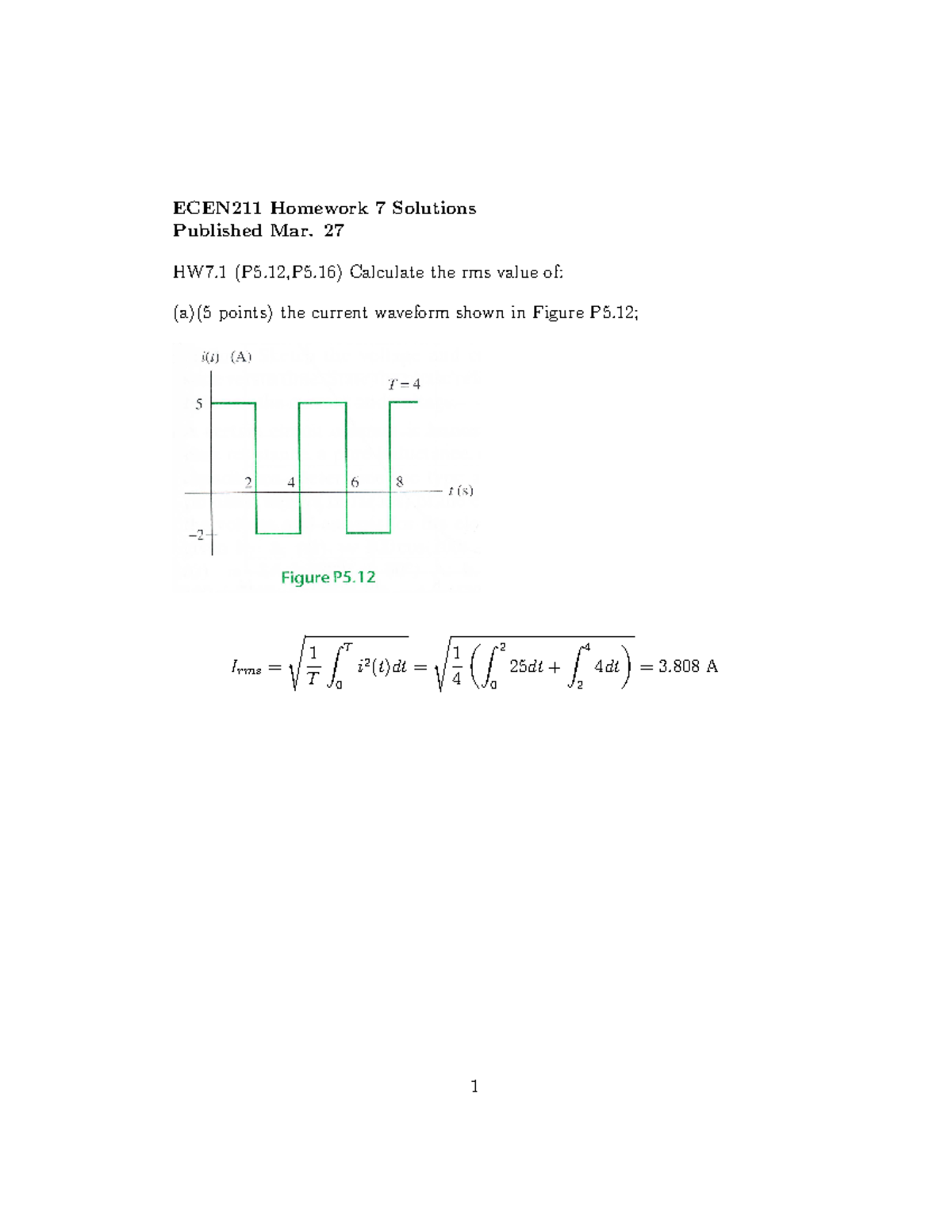ECEN211 Homework 7 Solutions: Current Waveform and Circuit Analysis ...