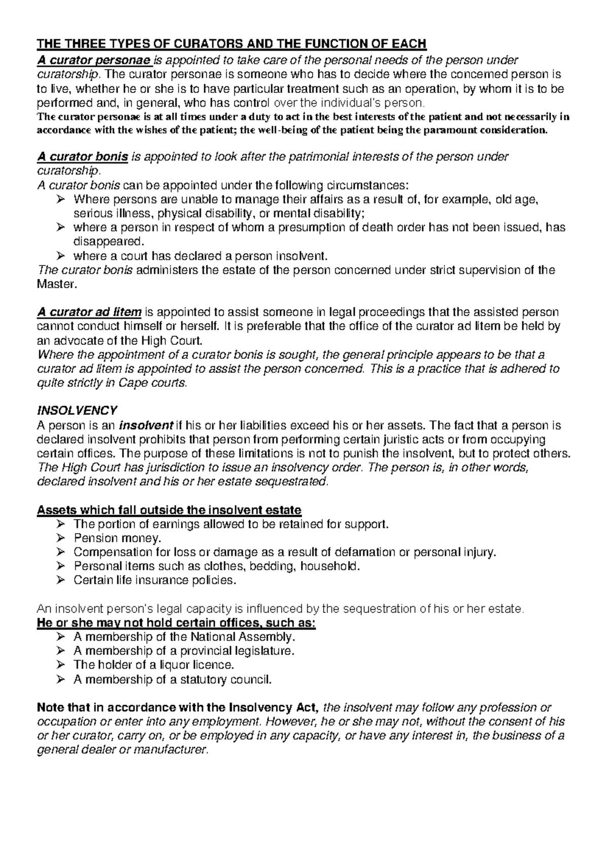 LAW 101: Curatorship, Insolvency, and Citizenship Explained - Studocu