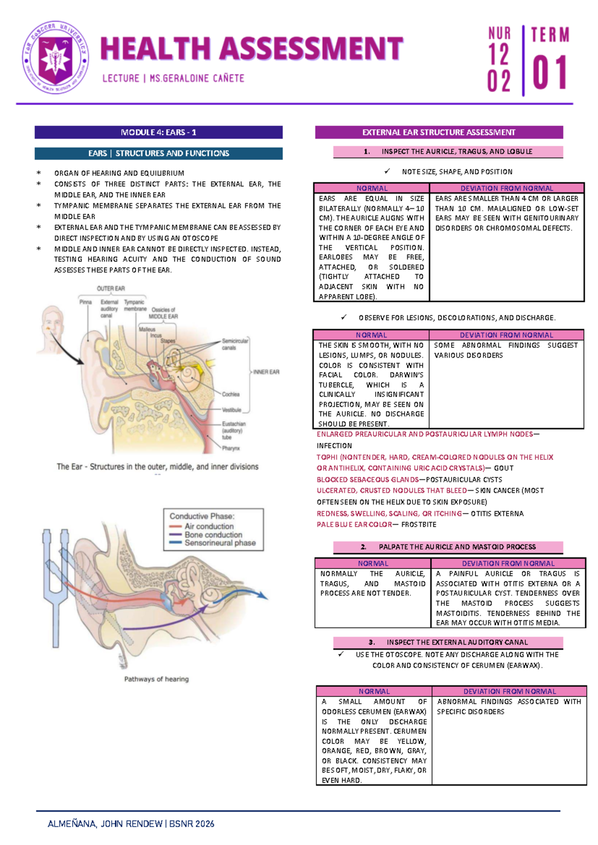 Module 4: EARS 1 - External Ear Structure Assessment Notes (BSNR 118 ...