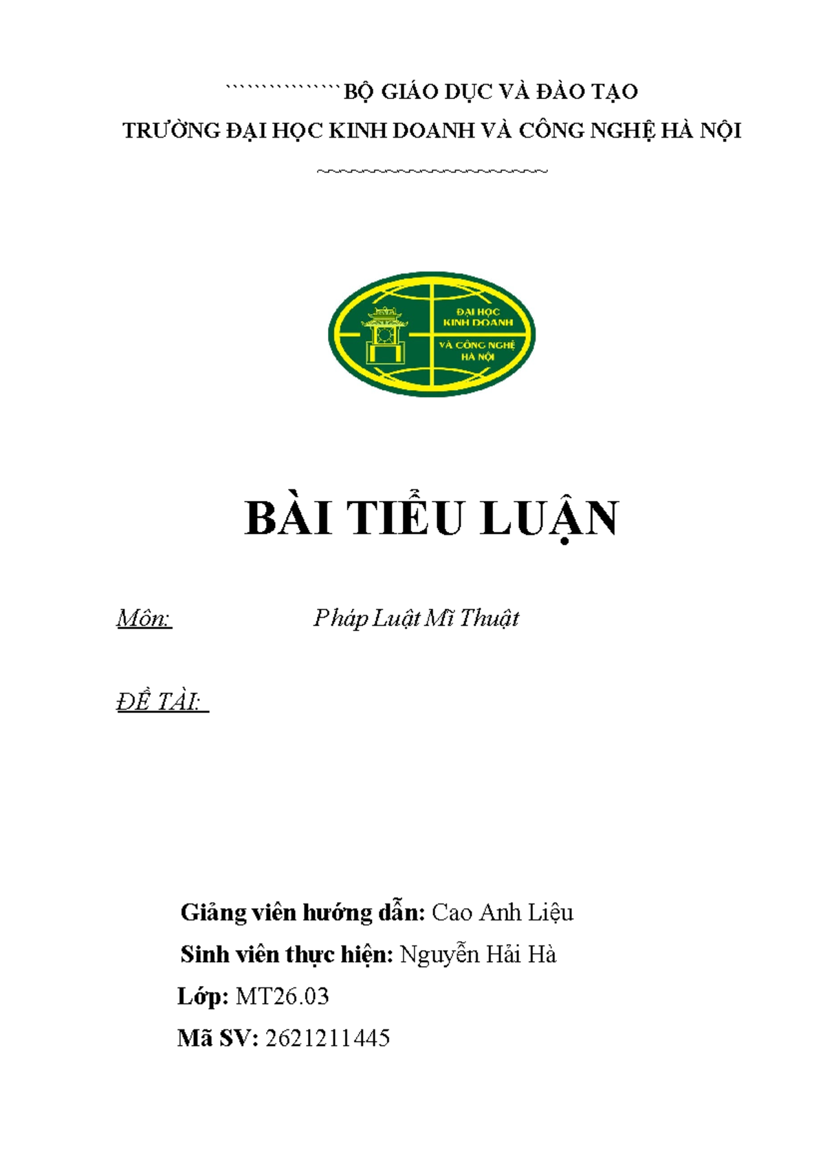 Pháp Luật Mĩ Thuật - Bài Tiểu Luận MT26 về Quy Phạm và Ứng Dụng - Studocu