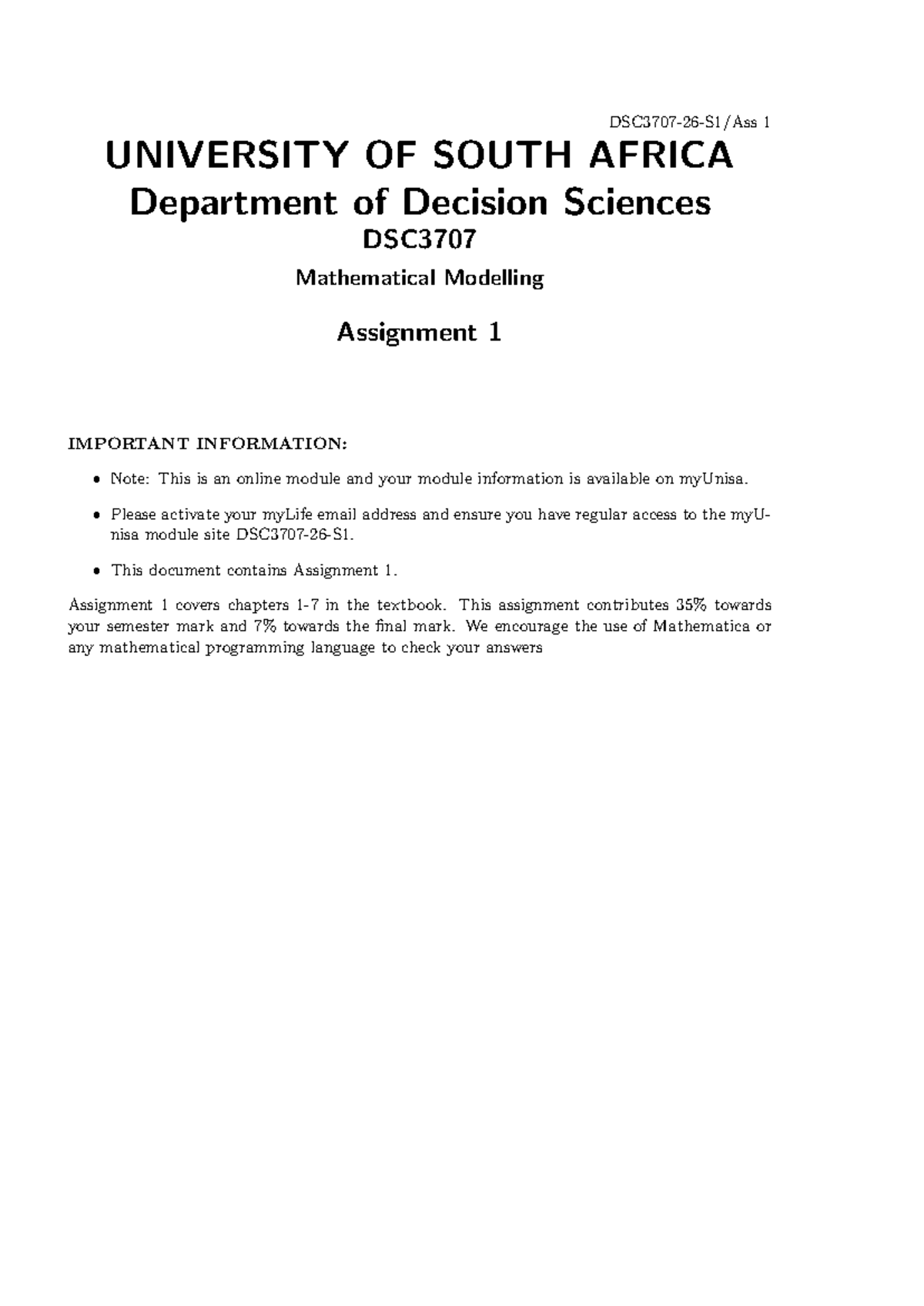 DSC3707 Mathematical Modelling Assignment 1 - Practice 2026 - Studocu