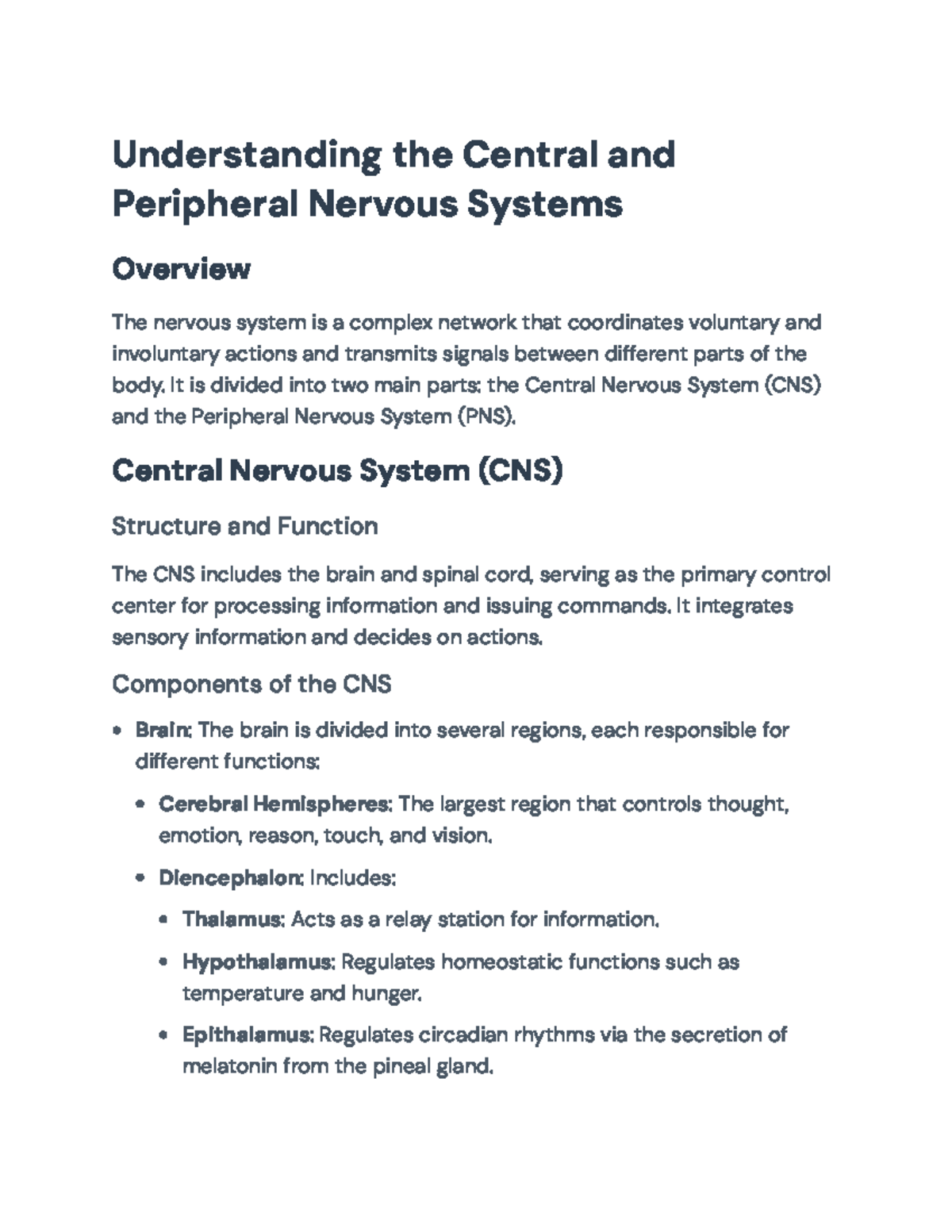 Anatomy and Functions of the CNS and PNS: Overview Notes ...