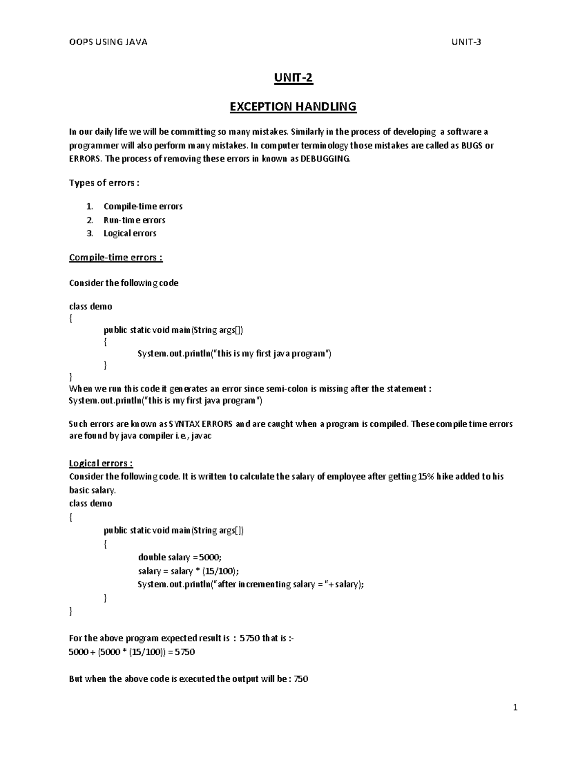 Java Unit-3 - Lecture notes - UNIT- EXCEPTION HANDLING In our daily ...