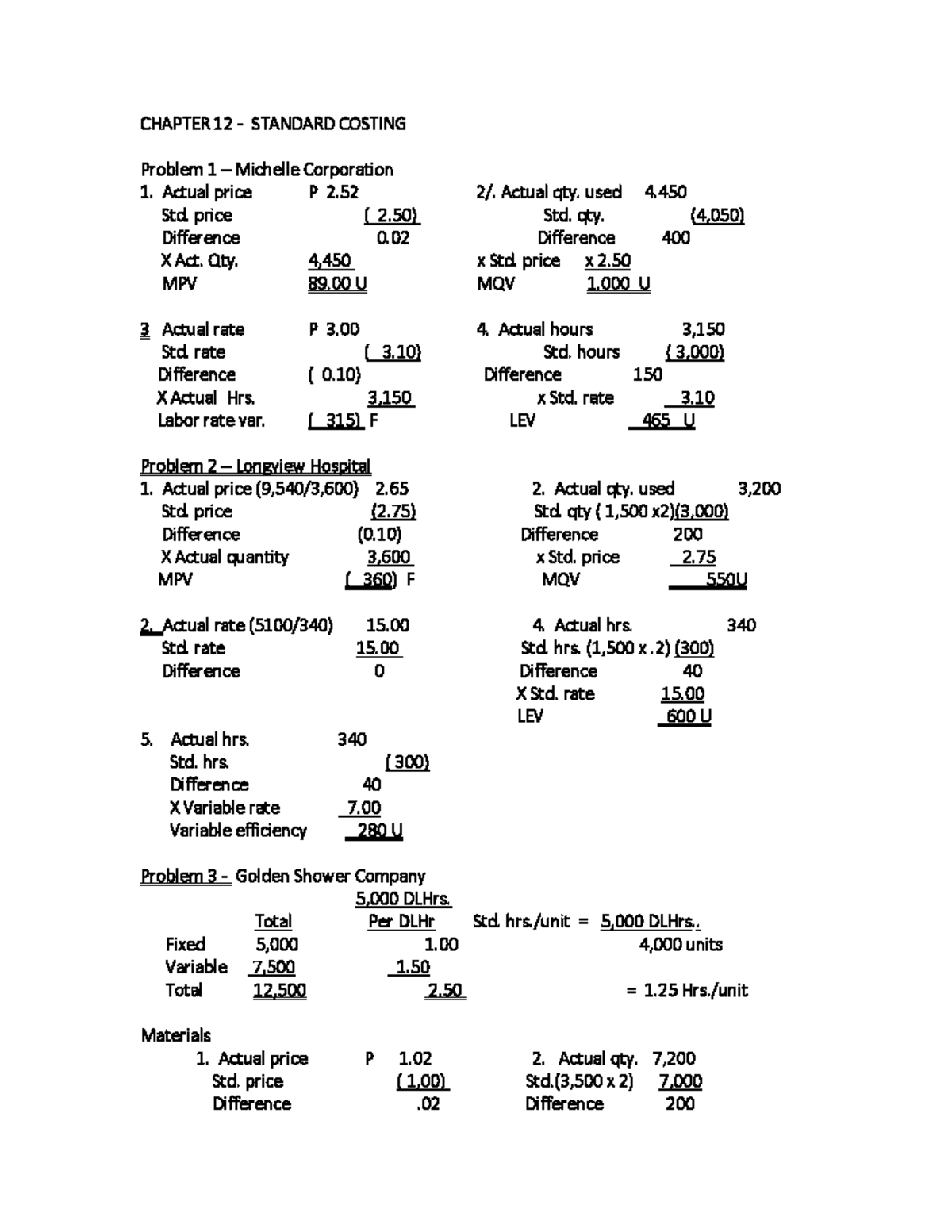 Cost Accounting Chapter 12 Problems - Standard Costing Analysis - Studocu
