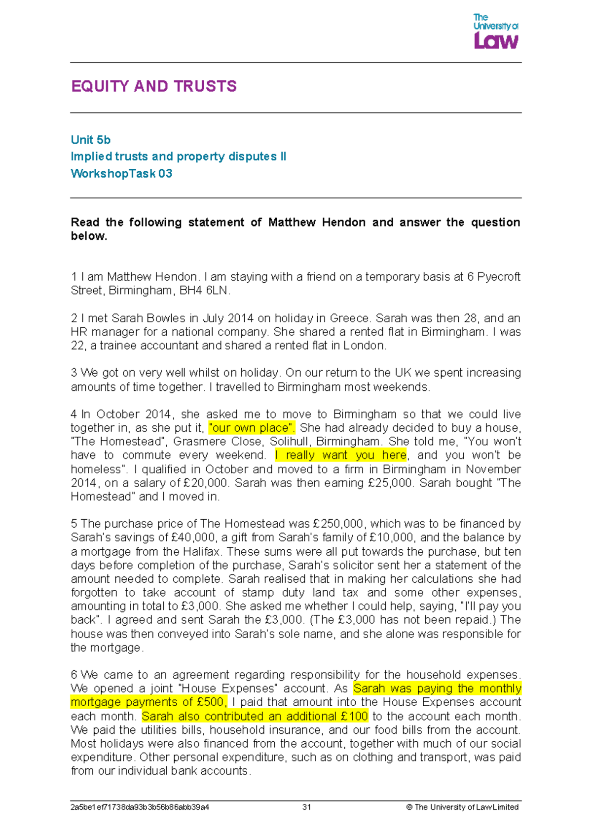 Equity & Trusts U5 Workshop Task 3: Implied Trusts & Property Disputes ...