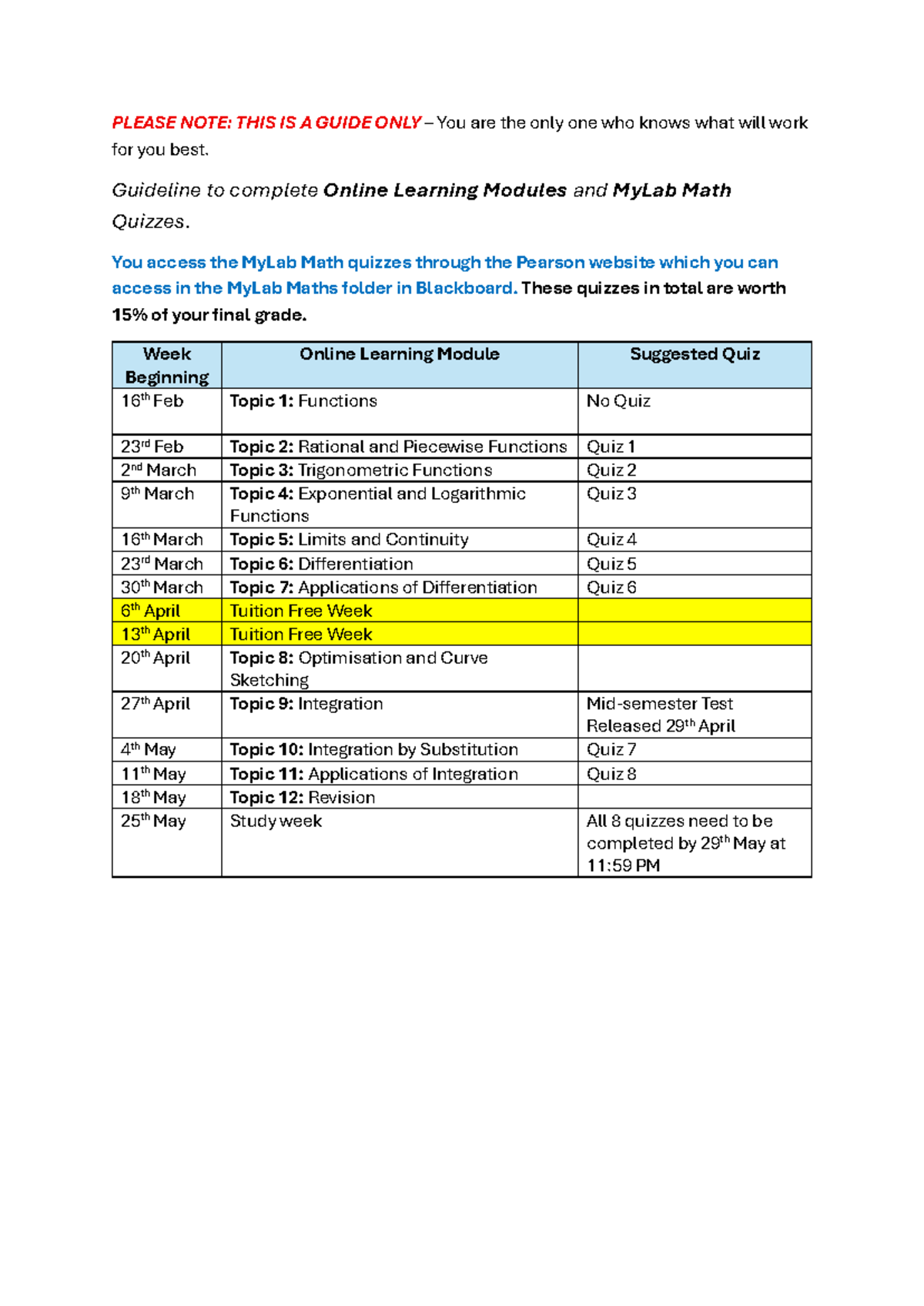 Guideline for Online Learning Modules & MyLab Math Quizzes (SEM1 2026 ...
