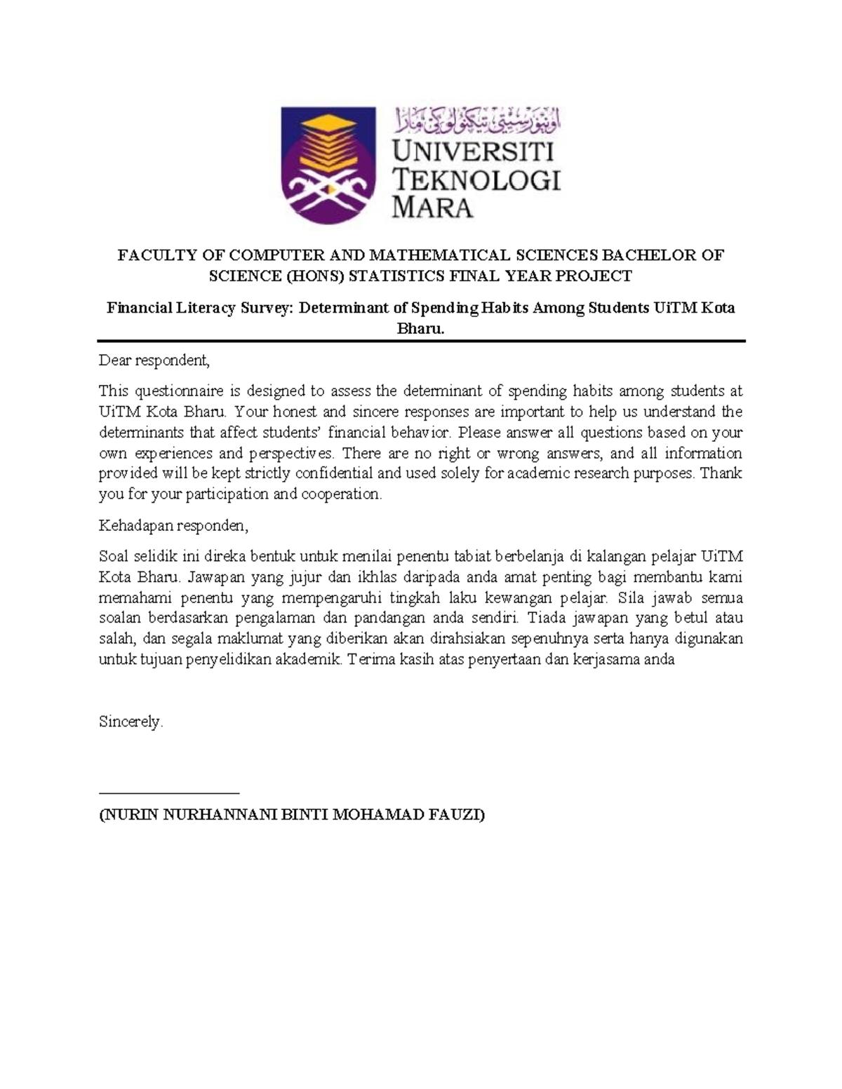 Financial Literacy Survey: Spending Habits Among UiTM Students (CS241 ...