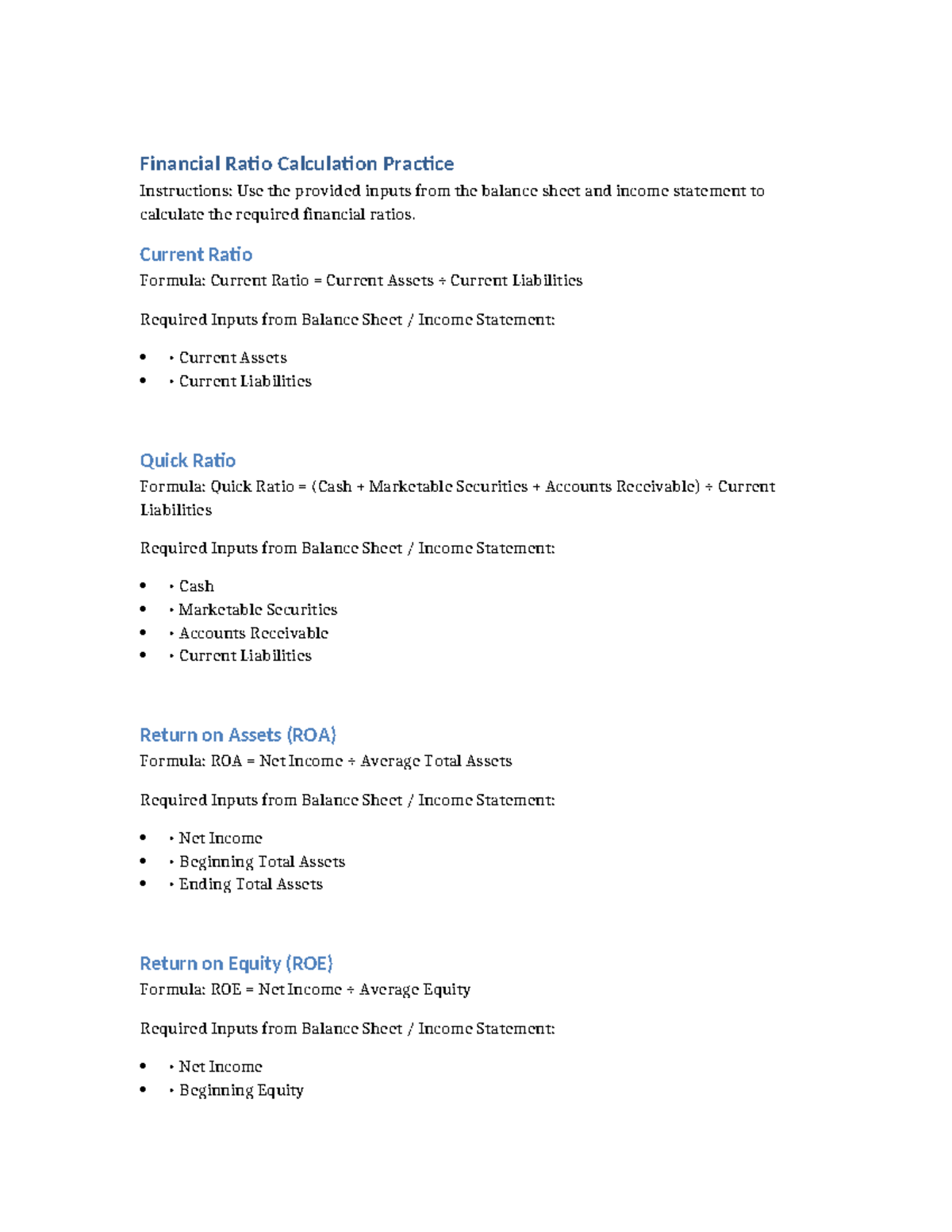 Financial Ratio Calculation Practice Guide for ACC 101 - Studocu