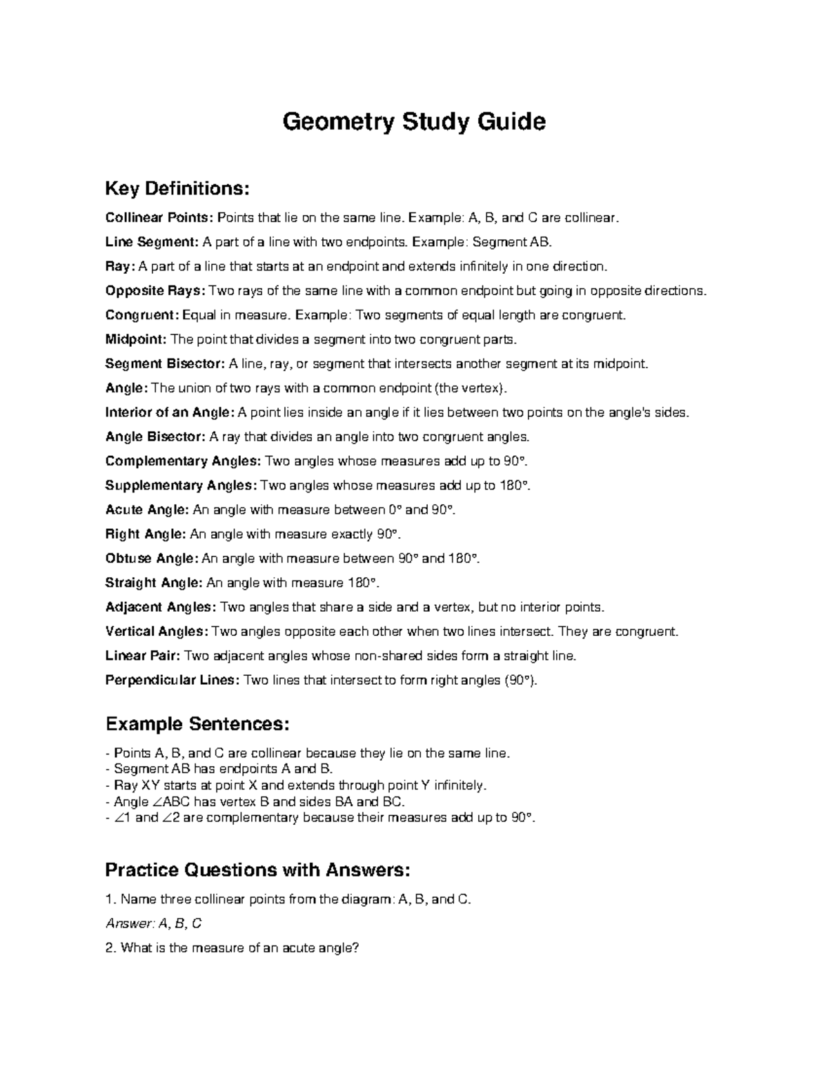 Geometry Study Guide: Key Definitions & Practice Qs (MATH101) - Studocu