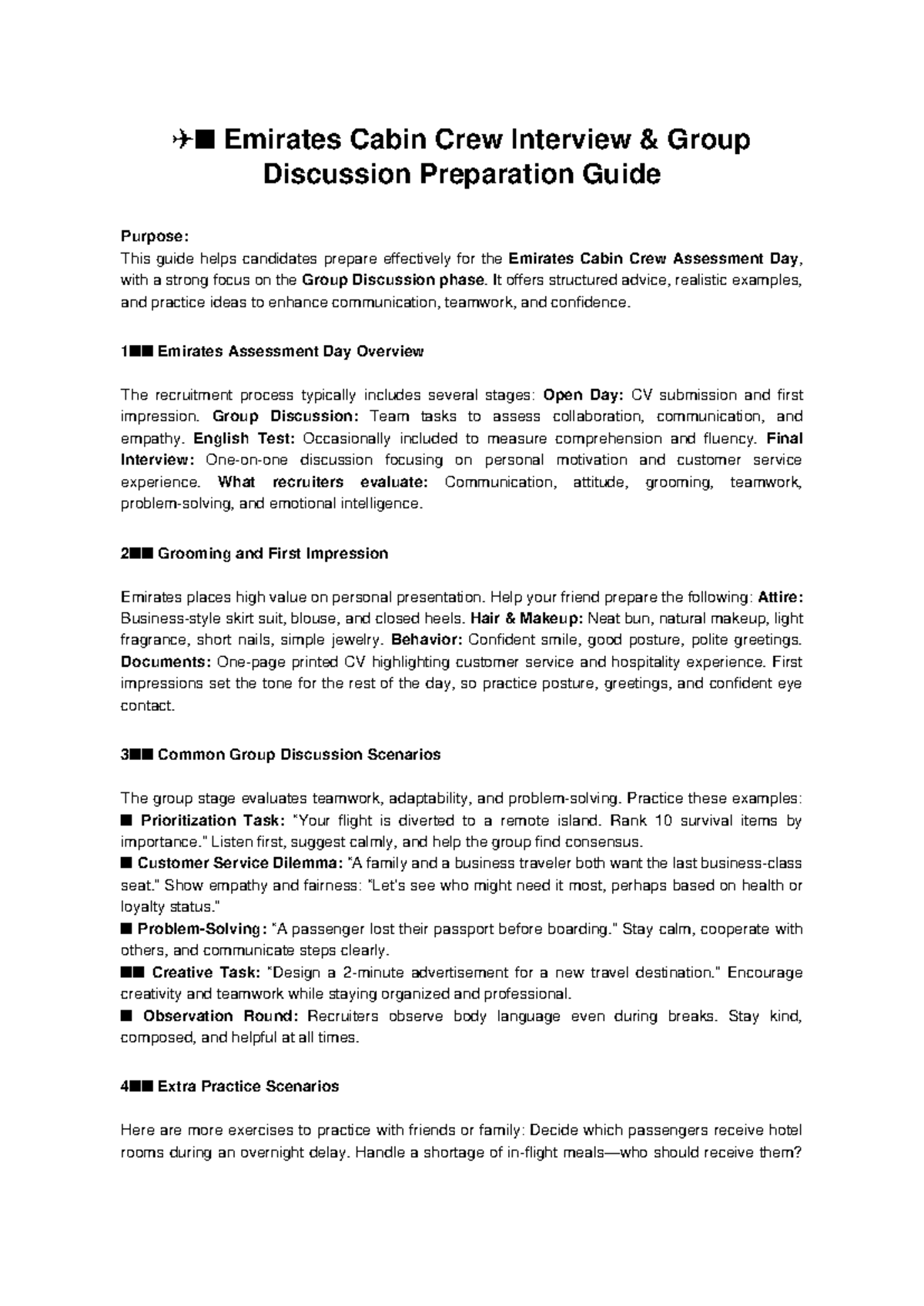 Emirates Cabin Crew Interview Prep: Group Discussion Guide - Studocu