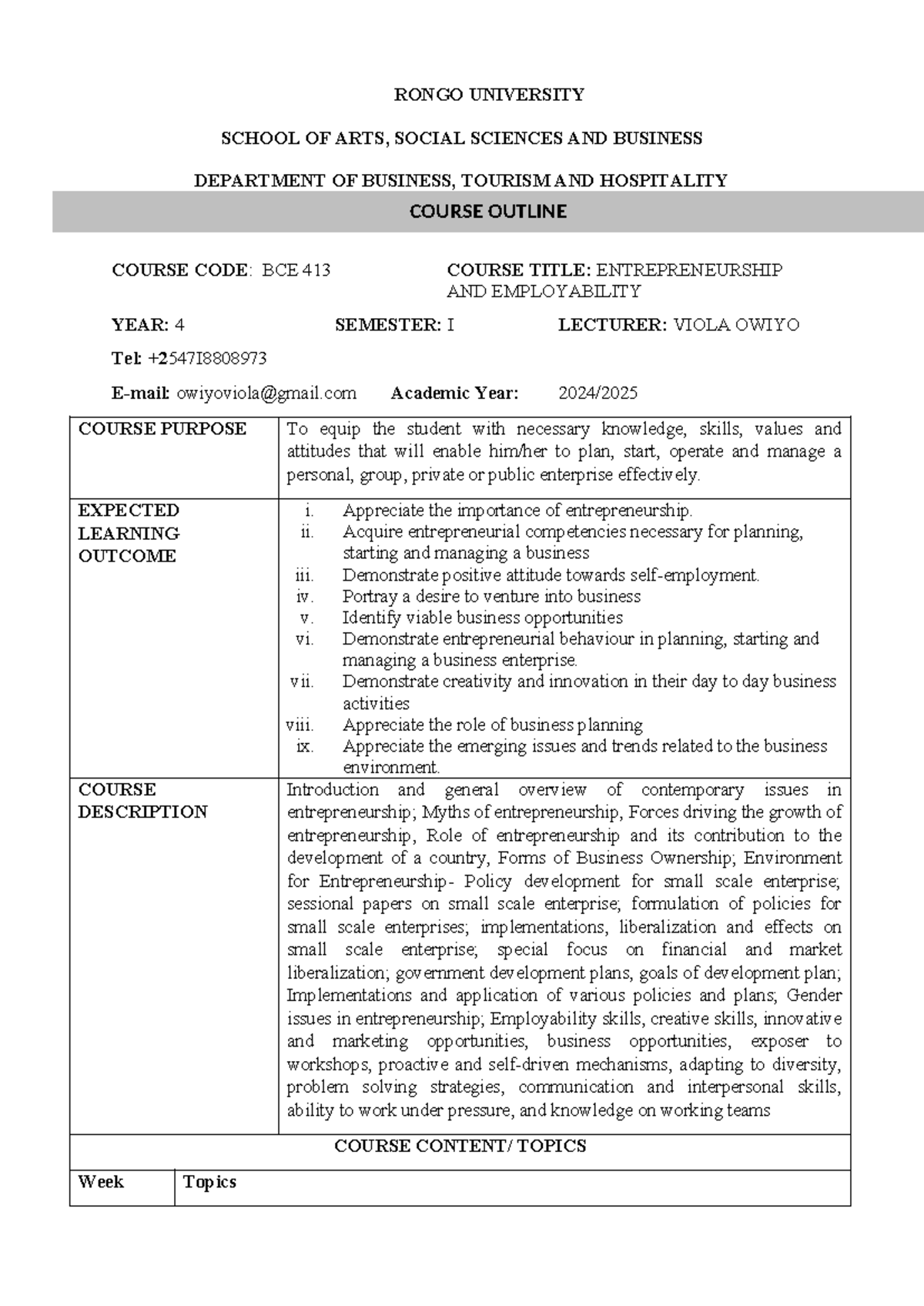 BCE 413: Entrepreneurship & Employability Course Outline - Year 4 - Studocu