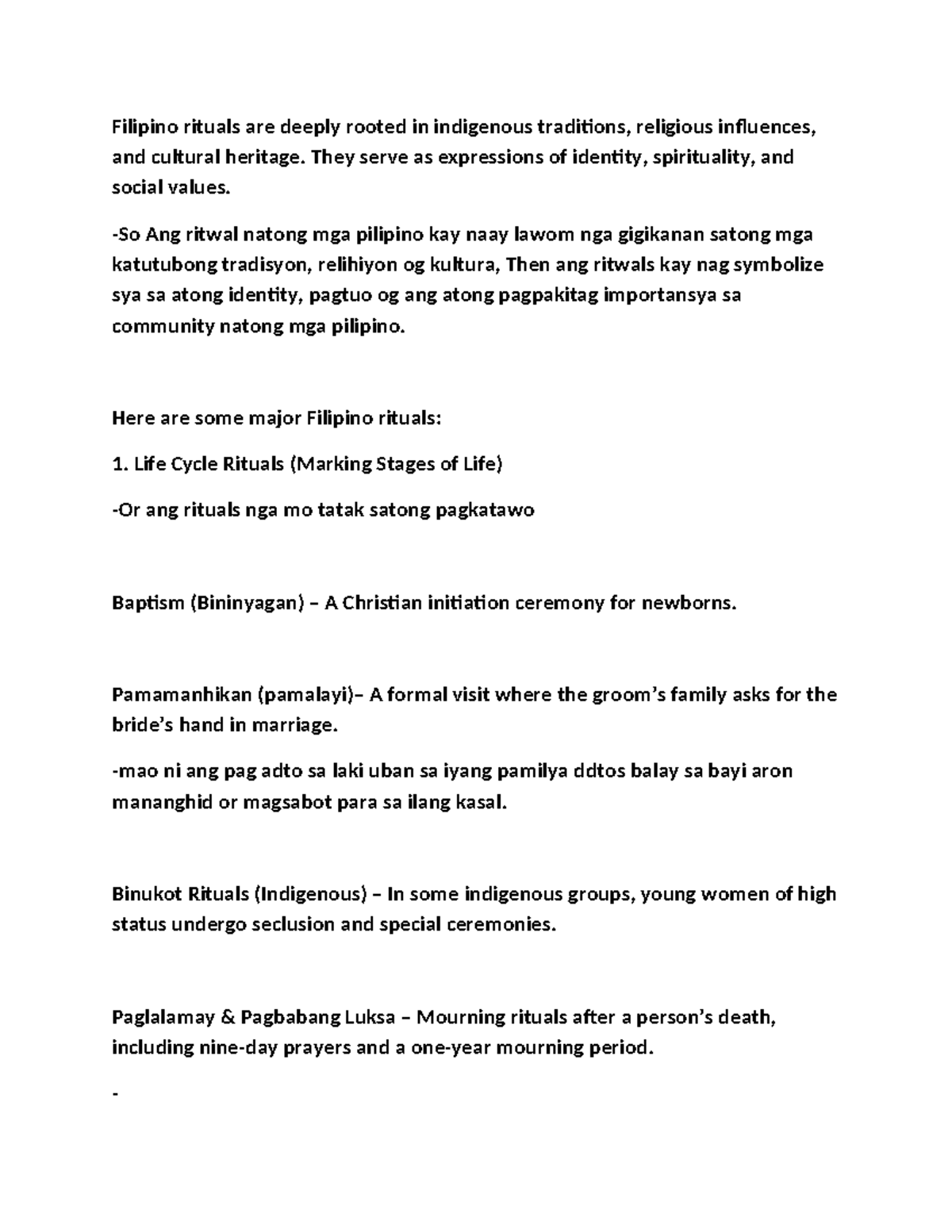 Filipino Rituals: Cultural Heritage and Values in Tradition (FIL101 ...