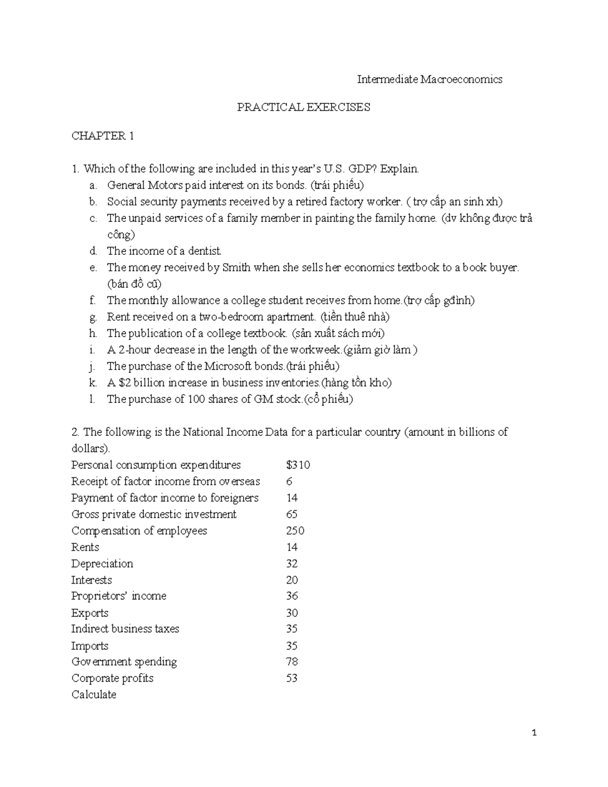 Intermediate Macroeconomics Exercises CH 1: GDP & Economic Calculations ...