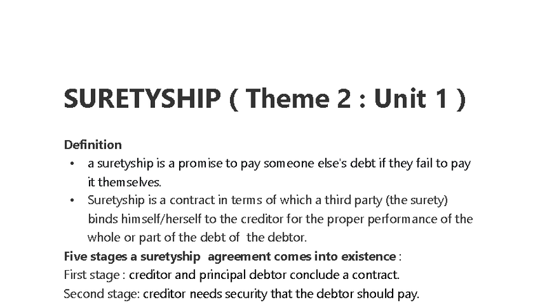 Suretyship Overview (Theme 2: Unit 1) - Definition & Key Concepts - Studocu