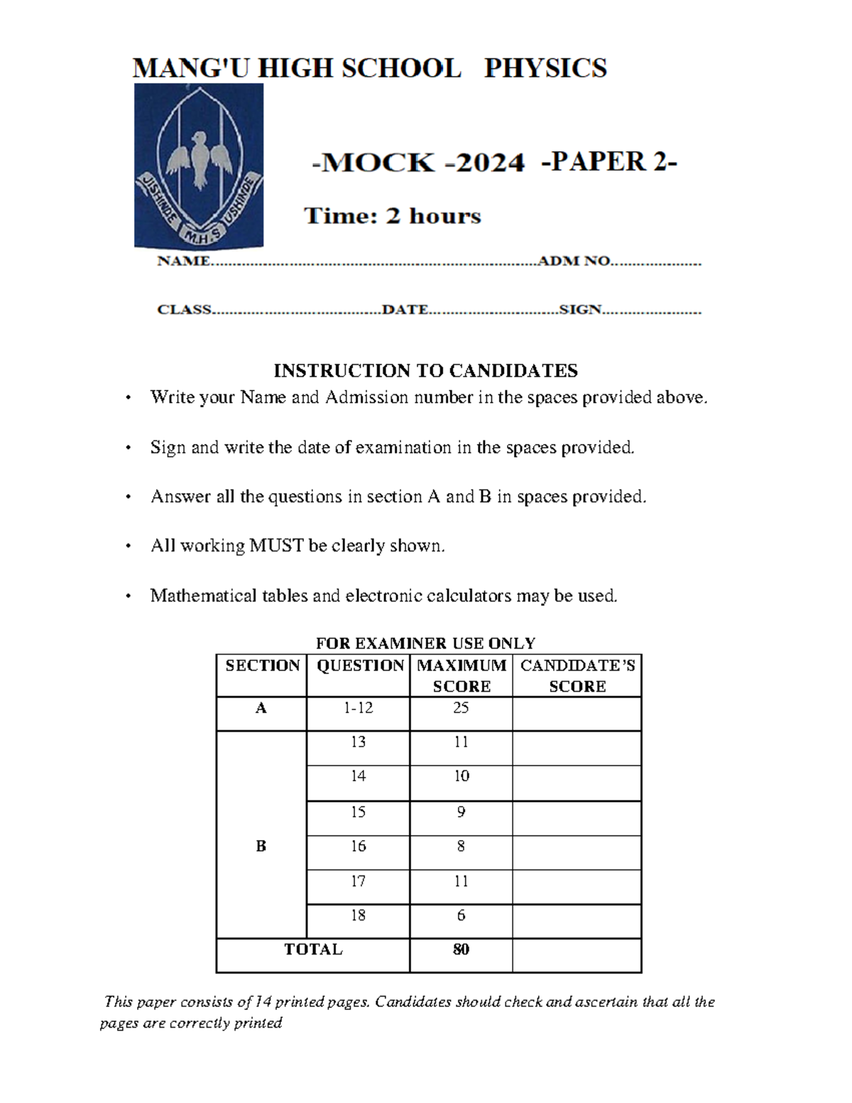 Physics P2 Mock Exam - 2024: Complete Candidate Instruction Guide - Studocu