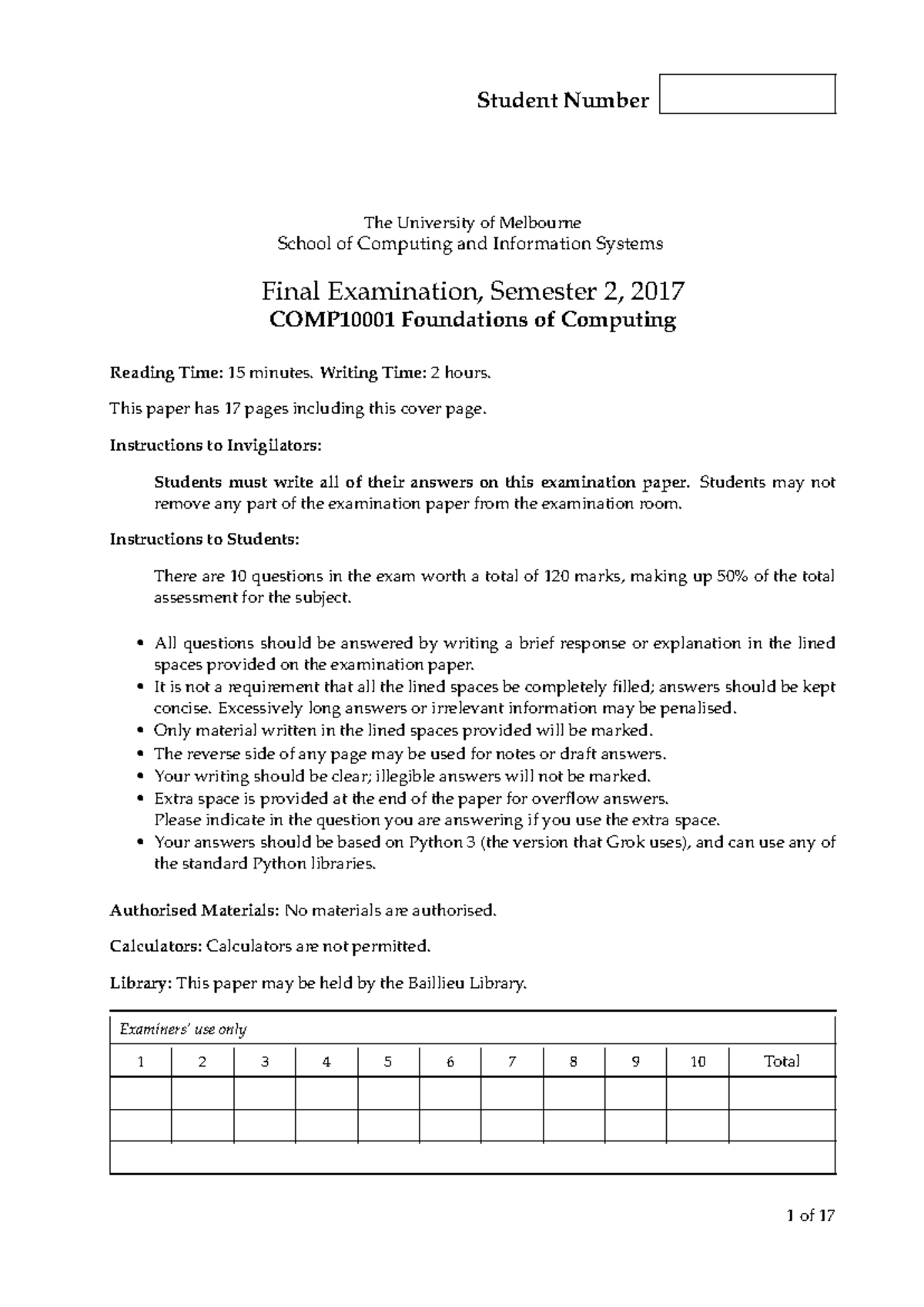 COMP10001 Final Exam Semester 2, 2017 - Foundations of Computing - Studocu
