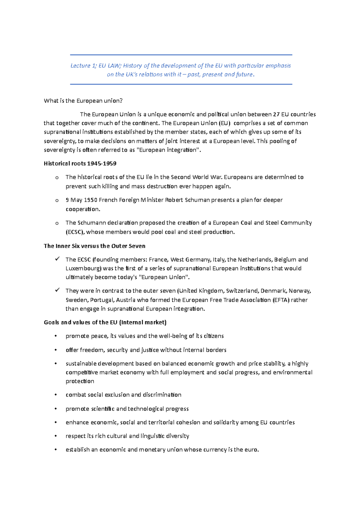 EU LAW Lecture 1 comprehensive and structured notes - Lecture 1; EU LAW ...