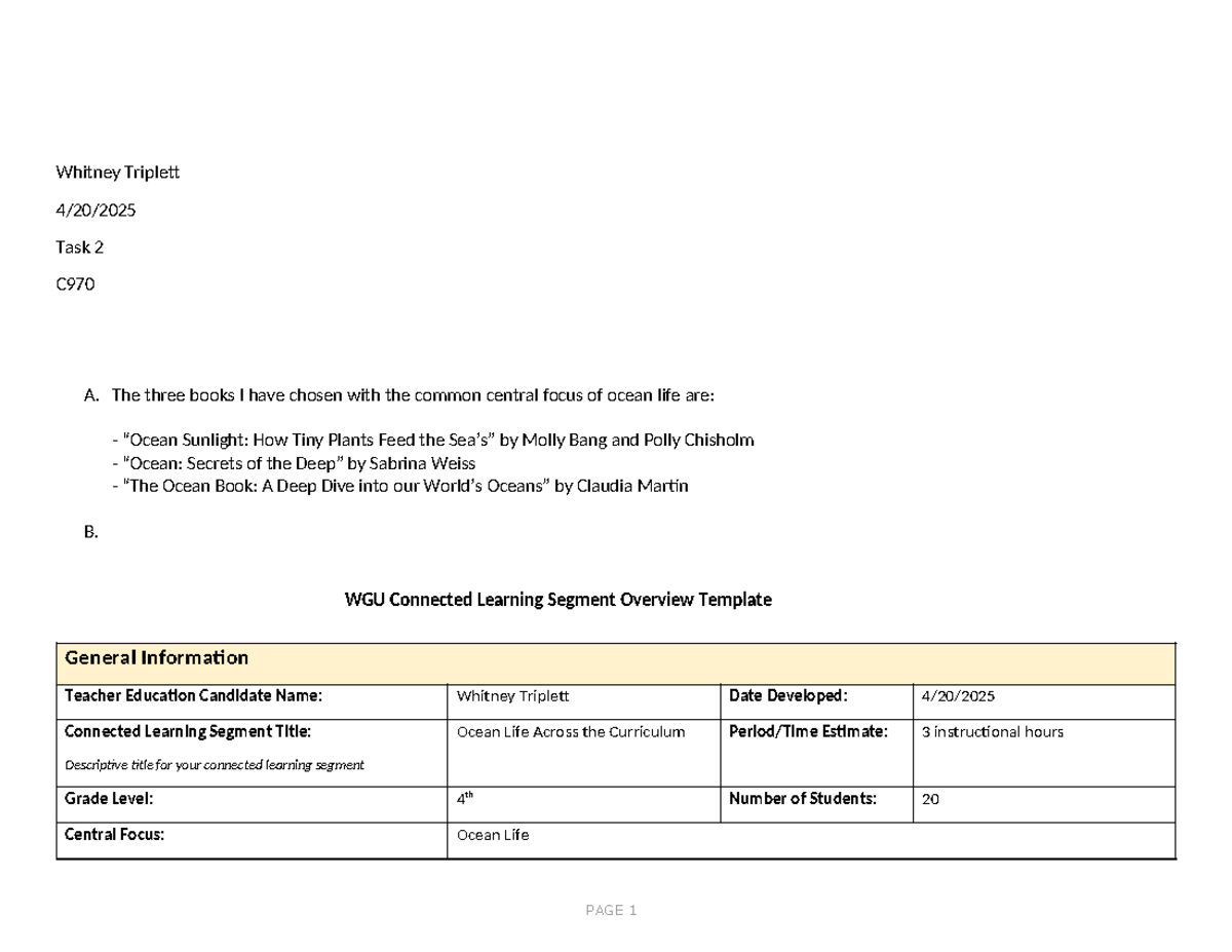 Ocean Life Learning Segment Overview - Task 2 C970 - Studocu