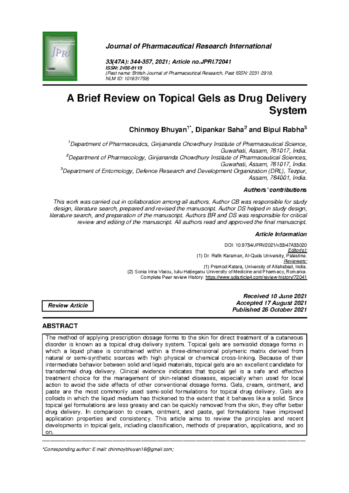 A Comprehensive Review on Topical Gels as Drug Delivery Systems (JPRI ...