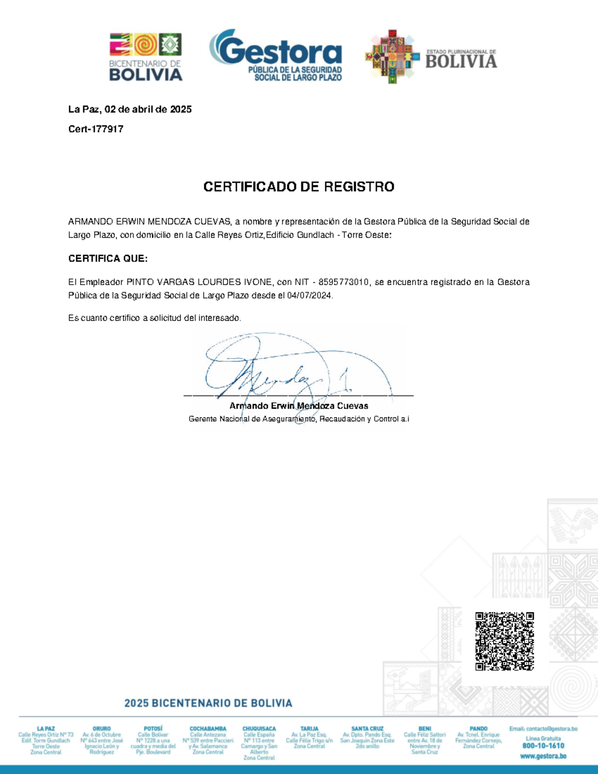 Gestora Certificado DE Registro - Document Preview