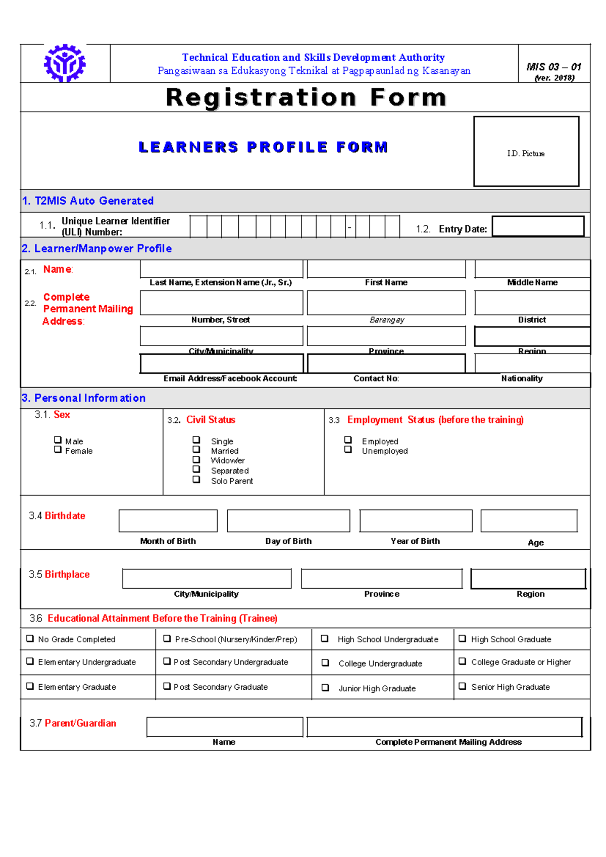 Registration Form (MIS 03-01) for T2MIS Ver. 5 (2018) - Studocu