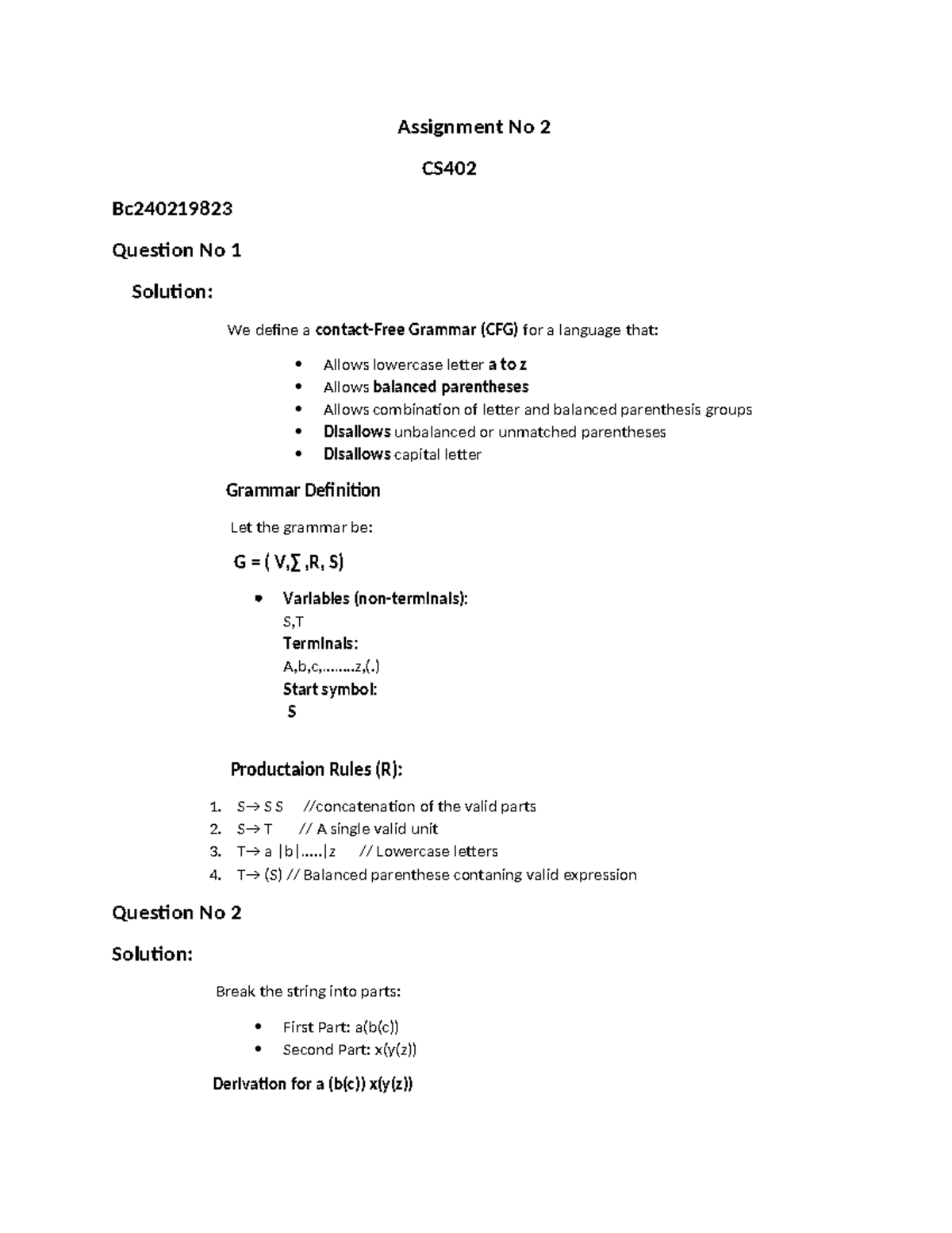Assignment No 2 CS402: Grammar and Derivation Solutions - Studocu