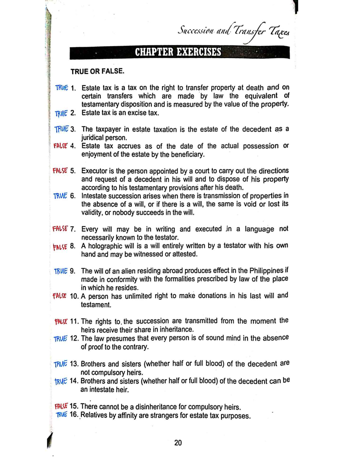 Succession and Transfer Taxes CHAPTER EXERCISES: TRUE OR FALSE Analysis ...