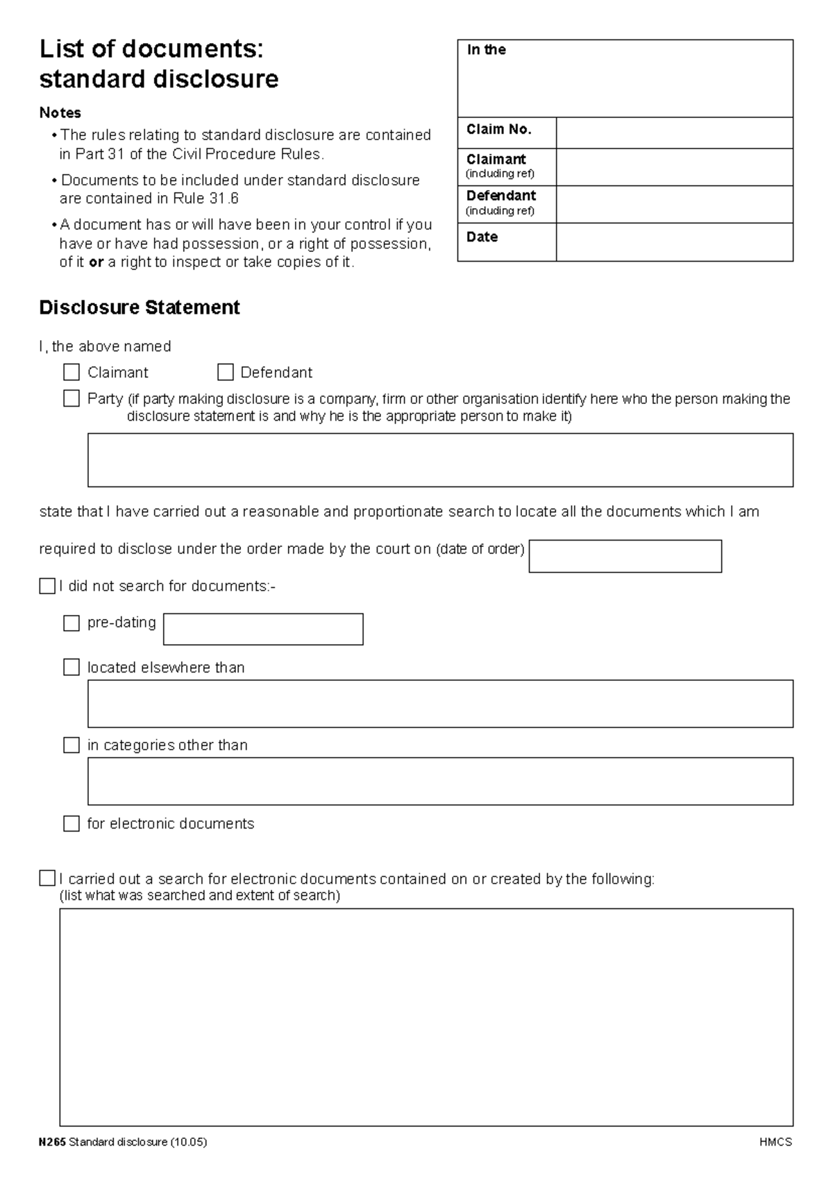 N265 Form - Standard Disclosure Document List Guide - Studocu