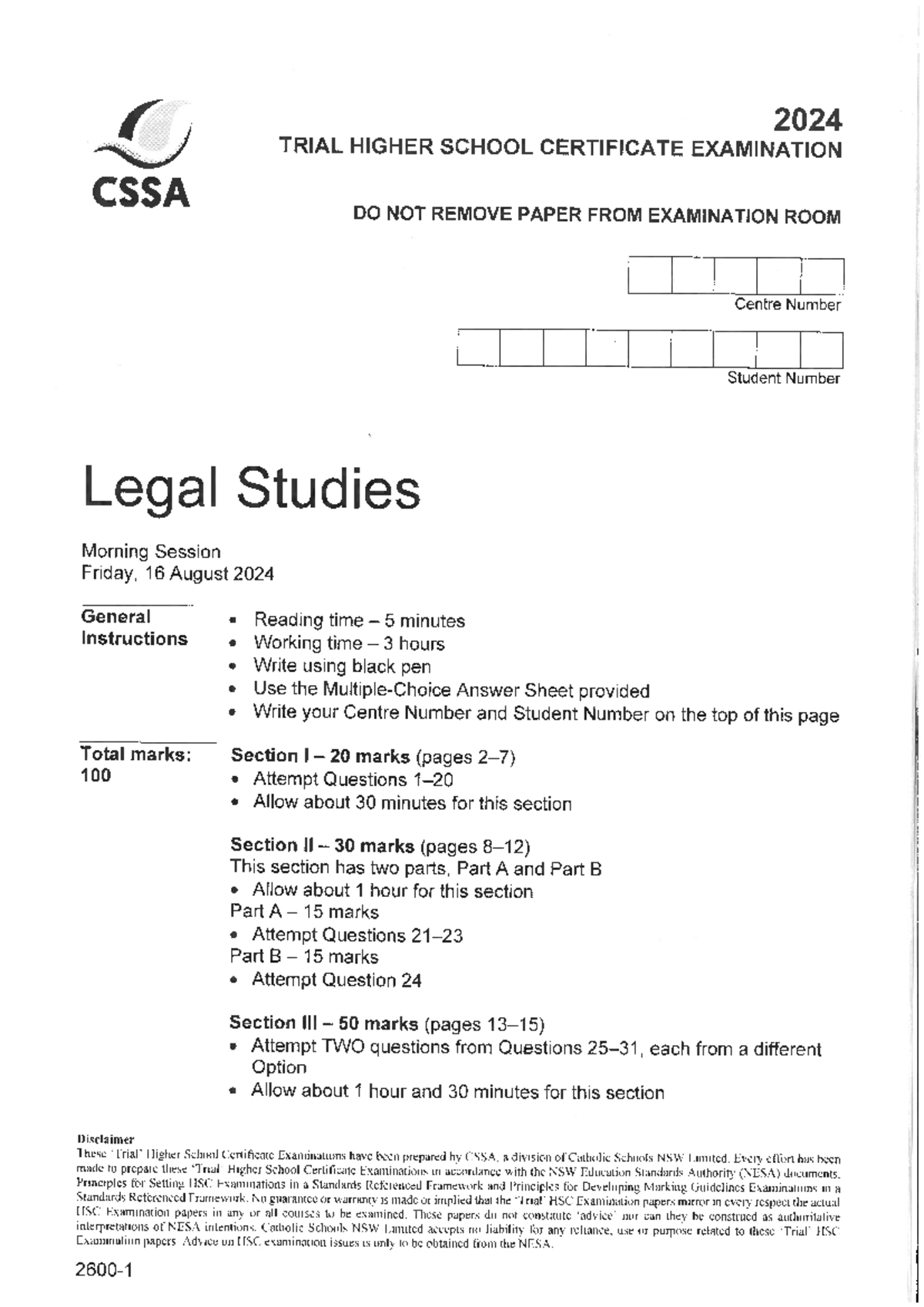 2024 CSSA Trial HSC Legal Studies Examination Paper - Studocu