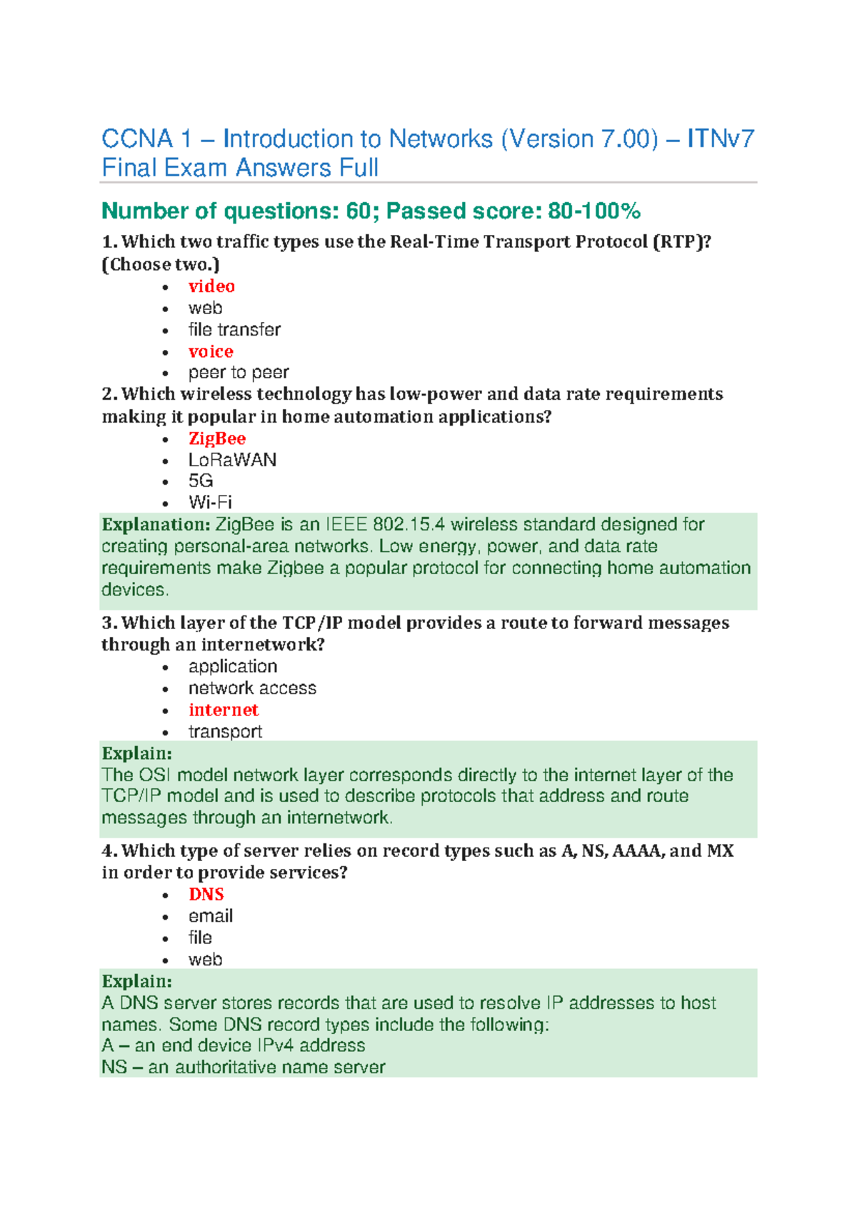 CCNA 1 - ITNv7 Final Exam Answers and Explanations - Studocu