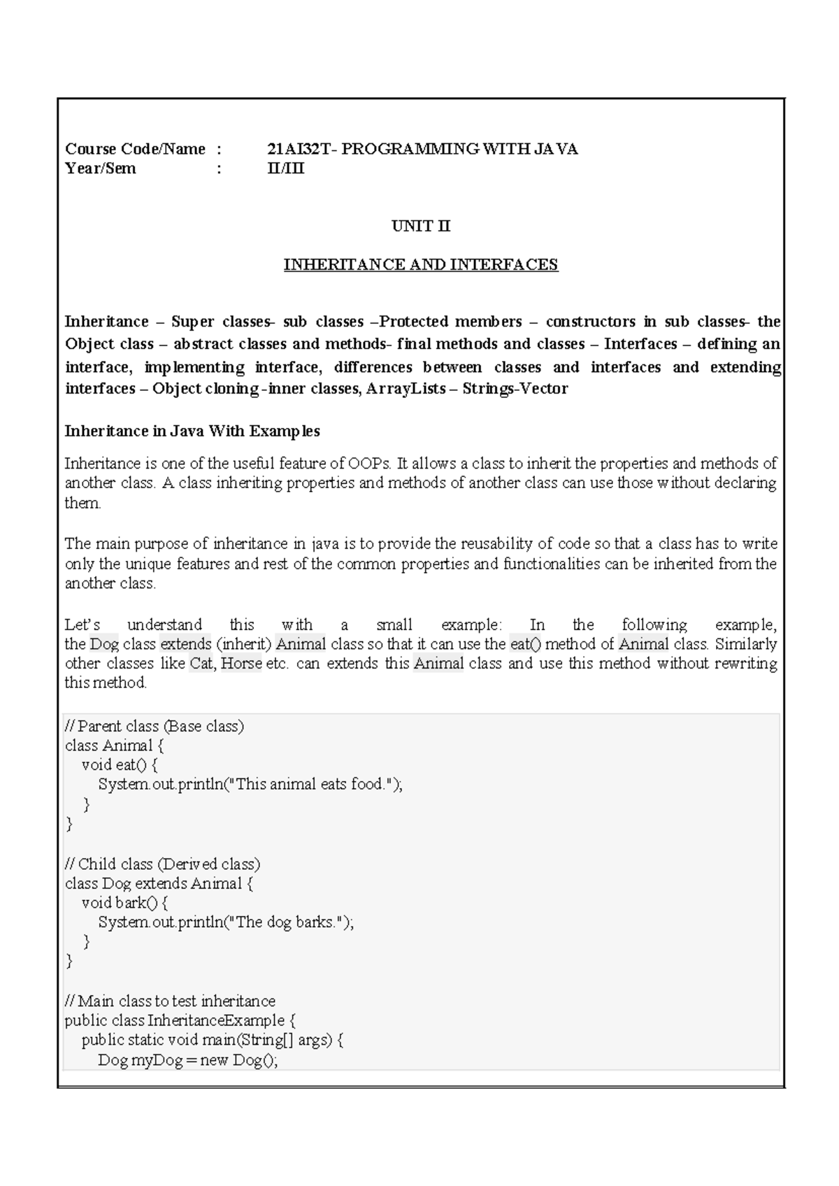 Java Unit II: Inheritance & Interfaces Overview and Examples - Studocu