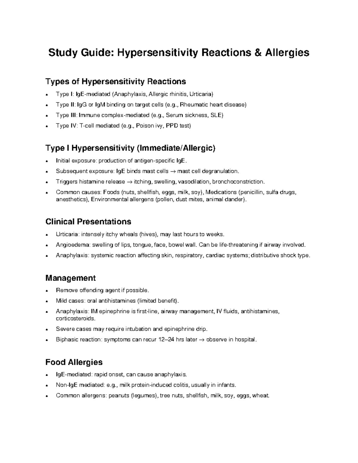 Hypersensitivity Reactions Study Guide: Types & Management - Studocu