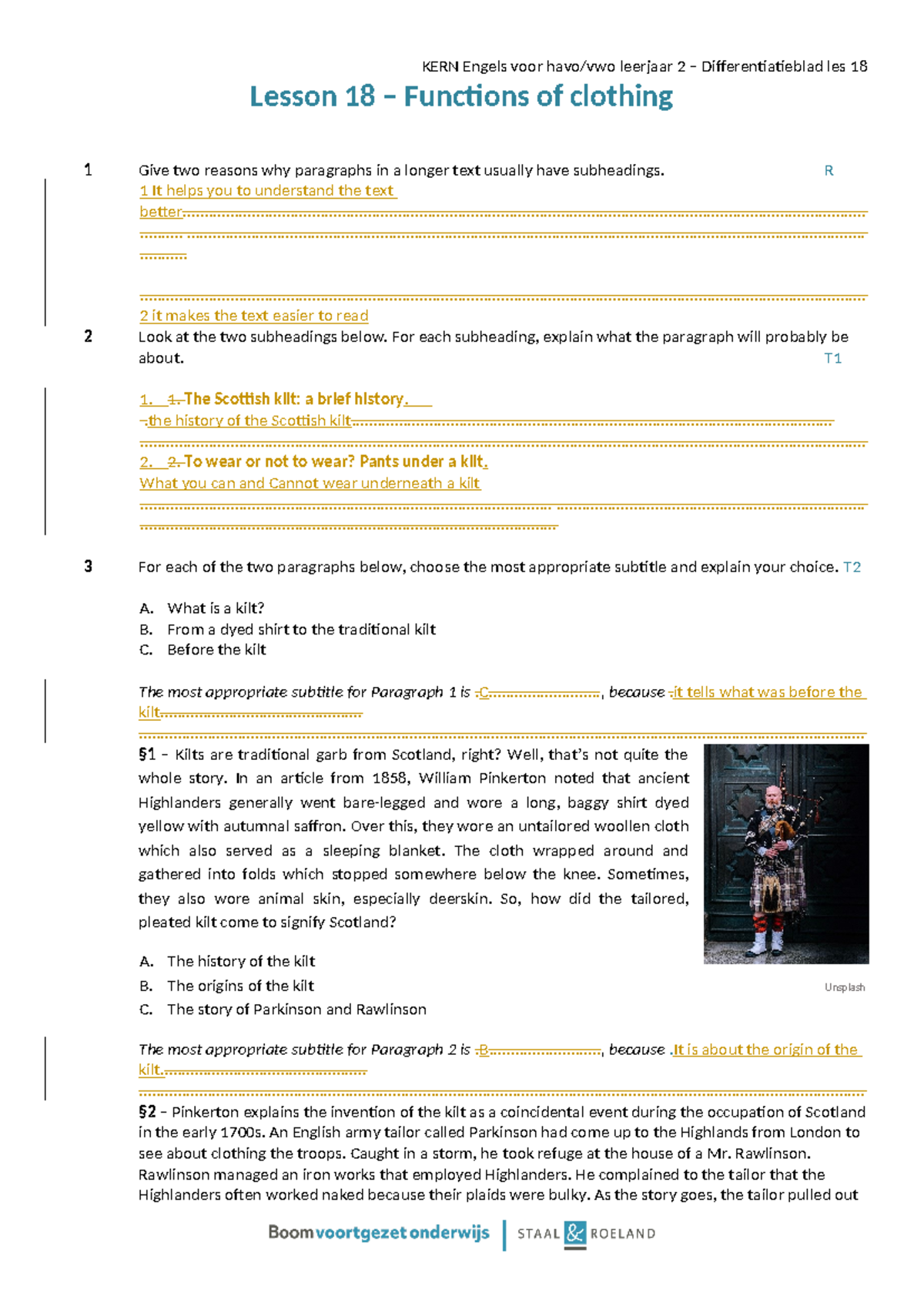 Differentiatieblad-Lesson 18: Understanding the Functions of Clothing ...