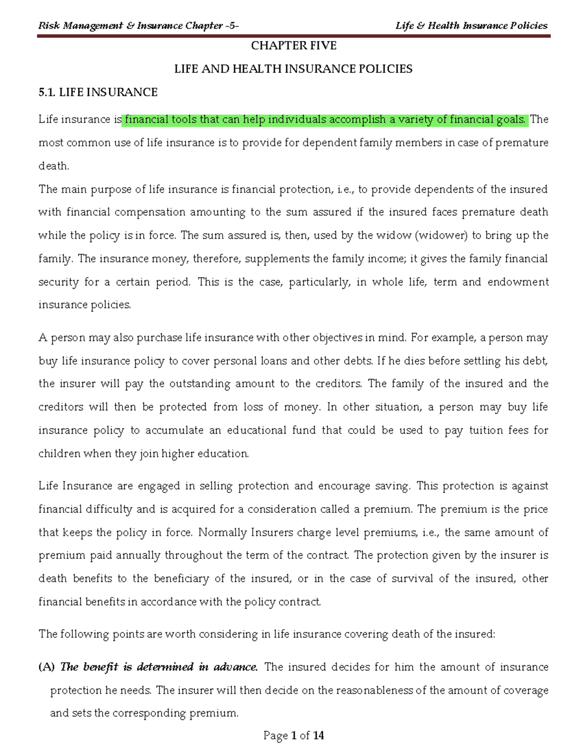 Risk Management - Life Insurance Policies (Ch 5) Notes - Studocu