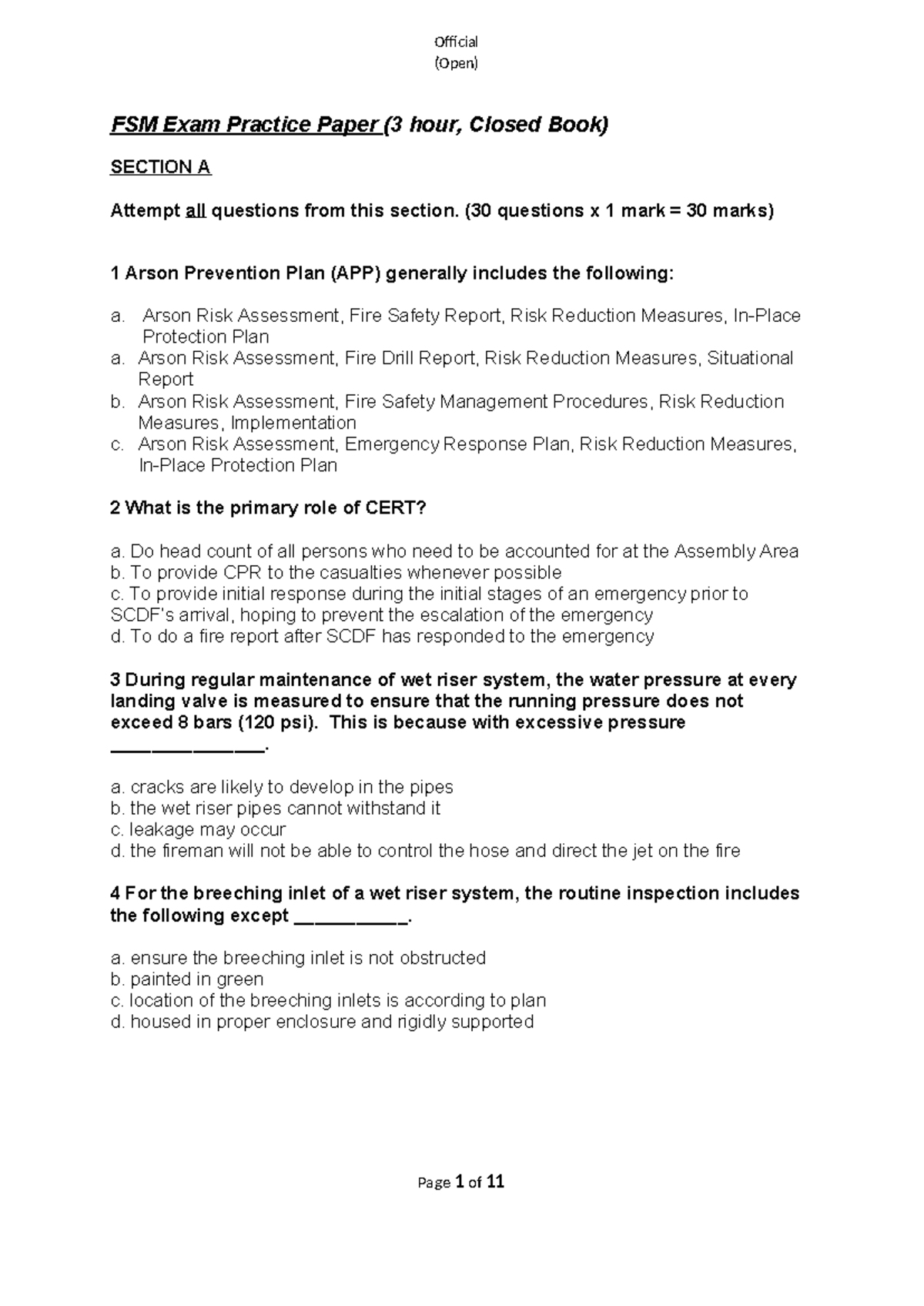 FSM Exam Practice Paper: Official Open Format (3 Hour, Closed Book) - Document Preview