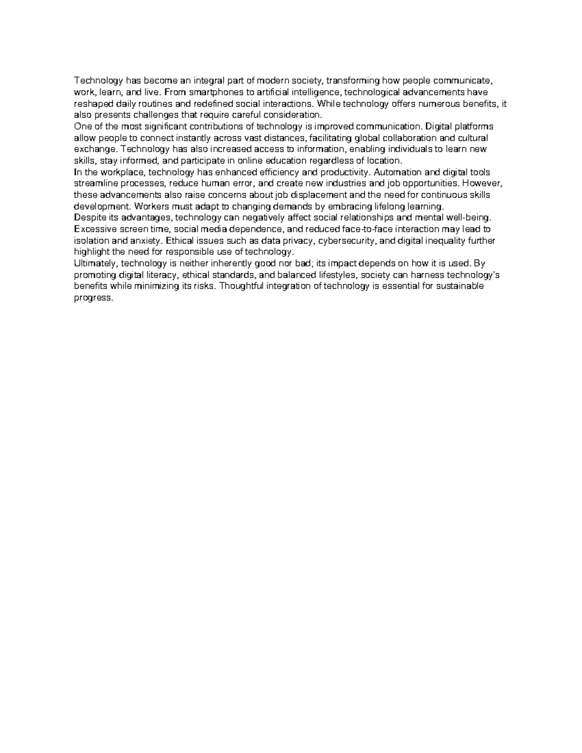 Essay 2: The Impact of Technology on Modern Society - Studocu