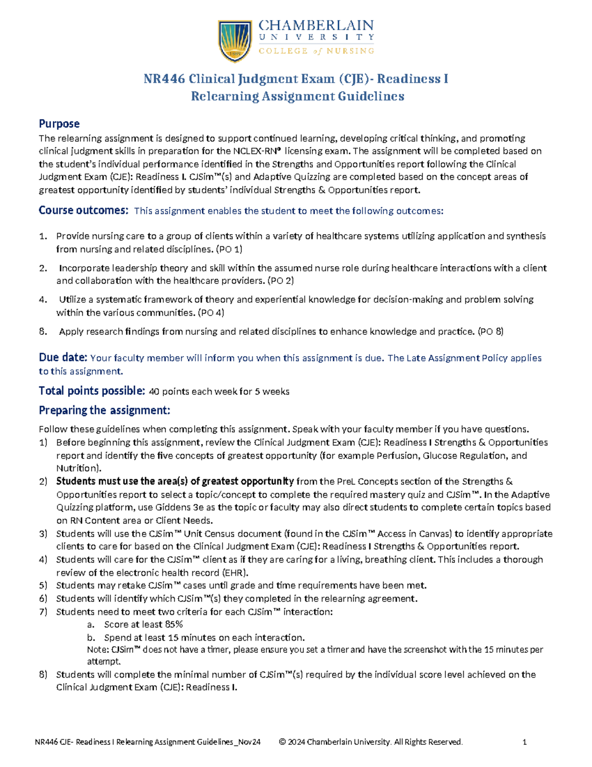 NR446 Clinical Judgment Exam Readiness I Relearning Assignment ...