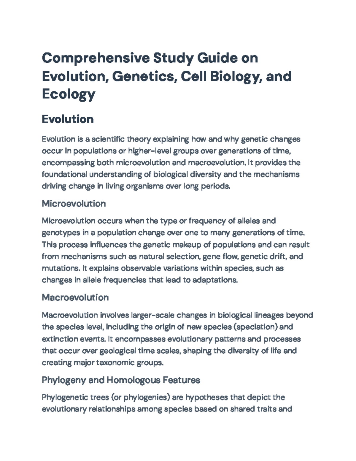 Comprehensive Study Guide: Evolution, Genetics, Cell Bio, Ecology - Studocu