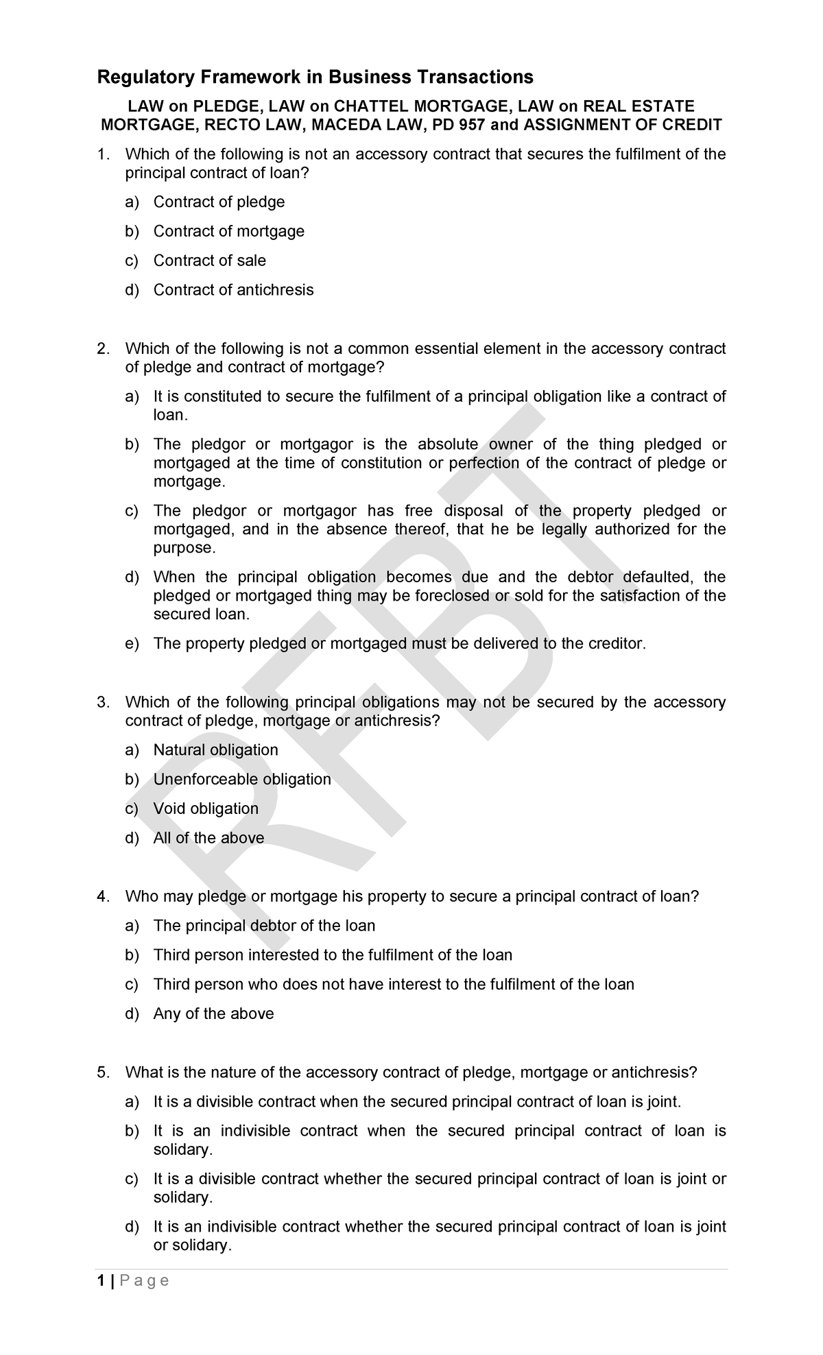 LAW 324296141 - Accessory Contracts: Pledge, Mortgage, and Chattel ...