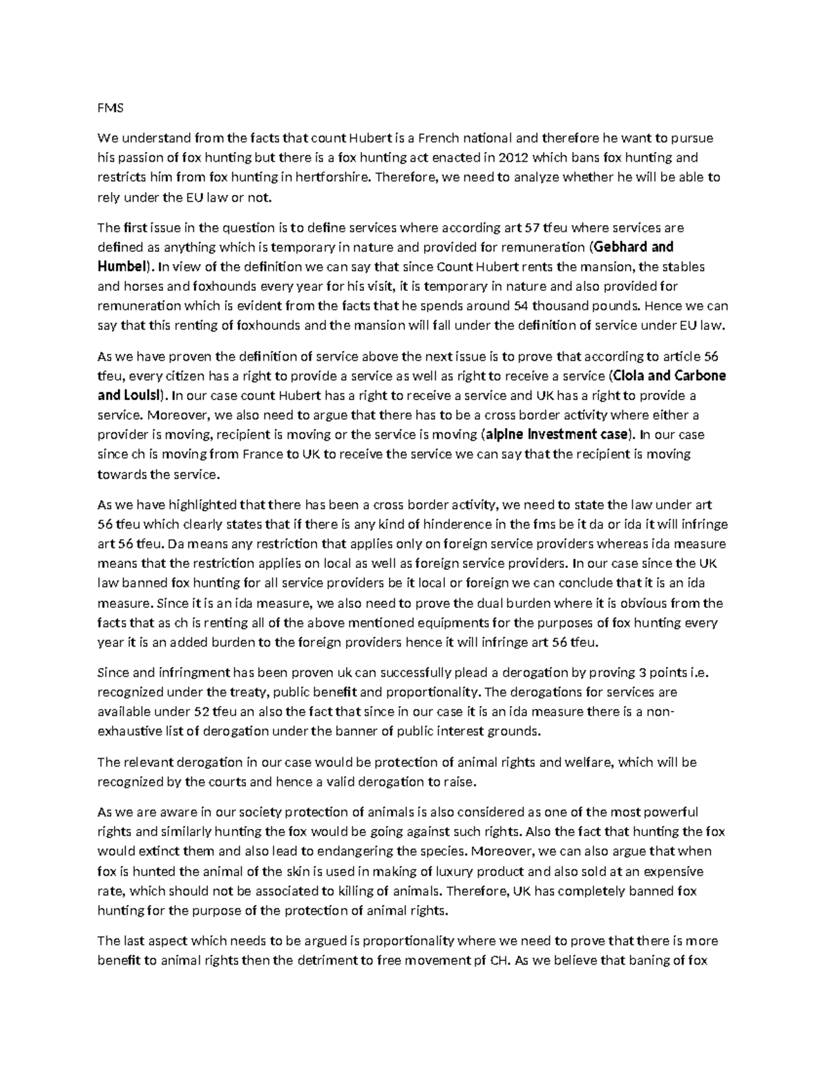 FMS - Analysis of Free Movement of Services in Fox Hunting Case - Studocu