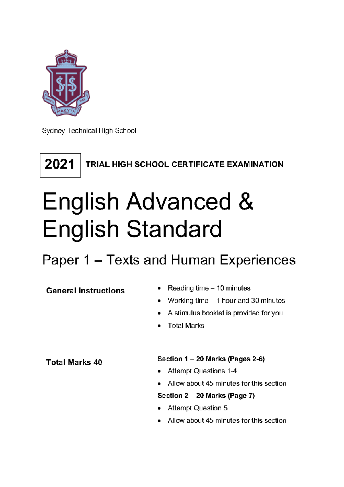 HSC English Adv & Std Paper 1: Texts & Human Experiences 2021 - Studocu